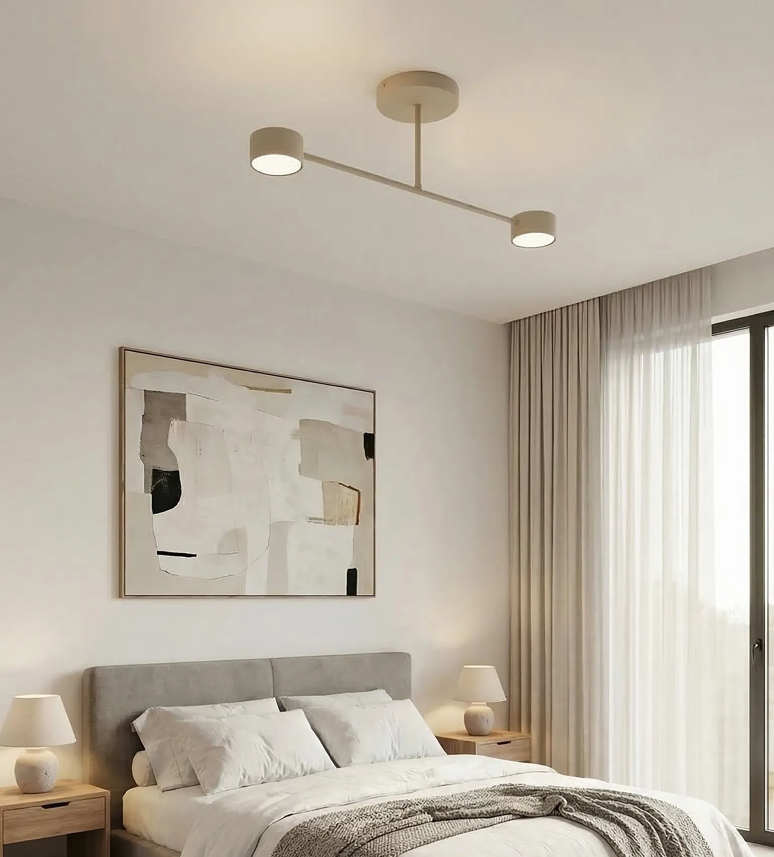 image koloświetlne, lampa sufitowa, nowoczesny design, pokój sypialny, neutralne kolory