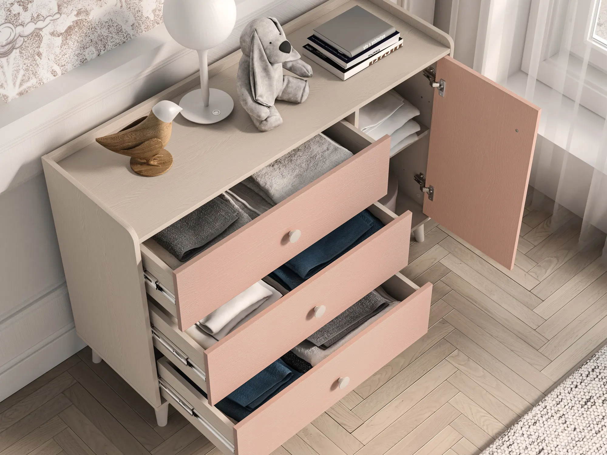 Komoda 1-drzwiowa z 3 szufladami MEVEL 05 piasek pustyni, różowy - 1MEVE05-001