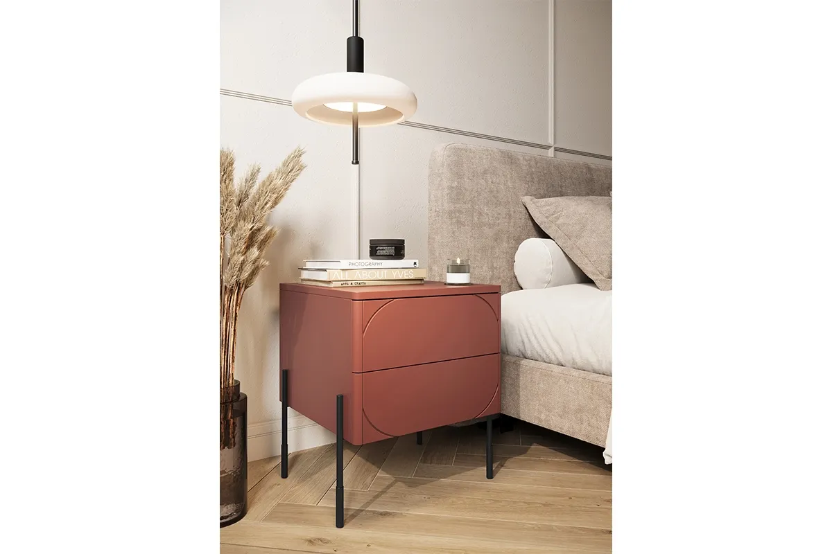 Szafka nocna z 2 szufladami SONATIA 45 - czerwony ceglany - czarne nogi - B_149229