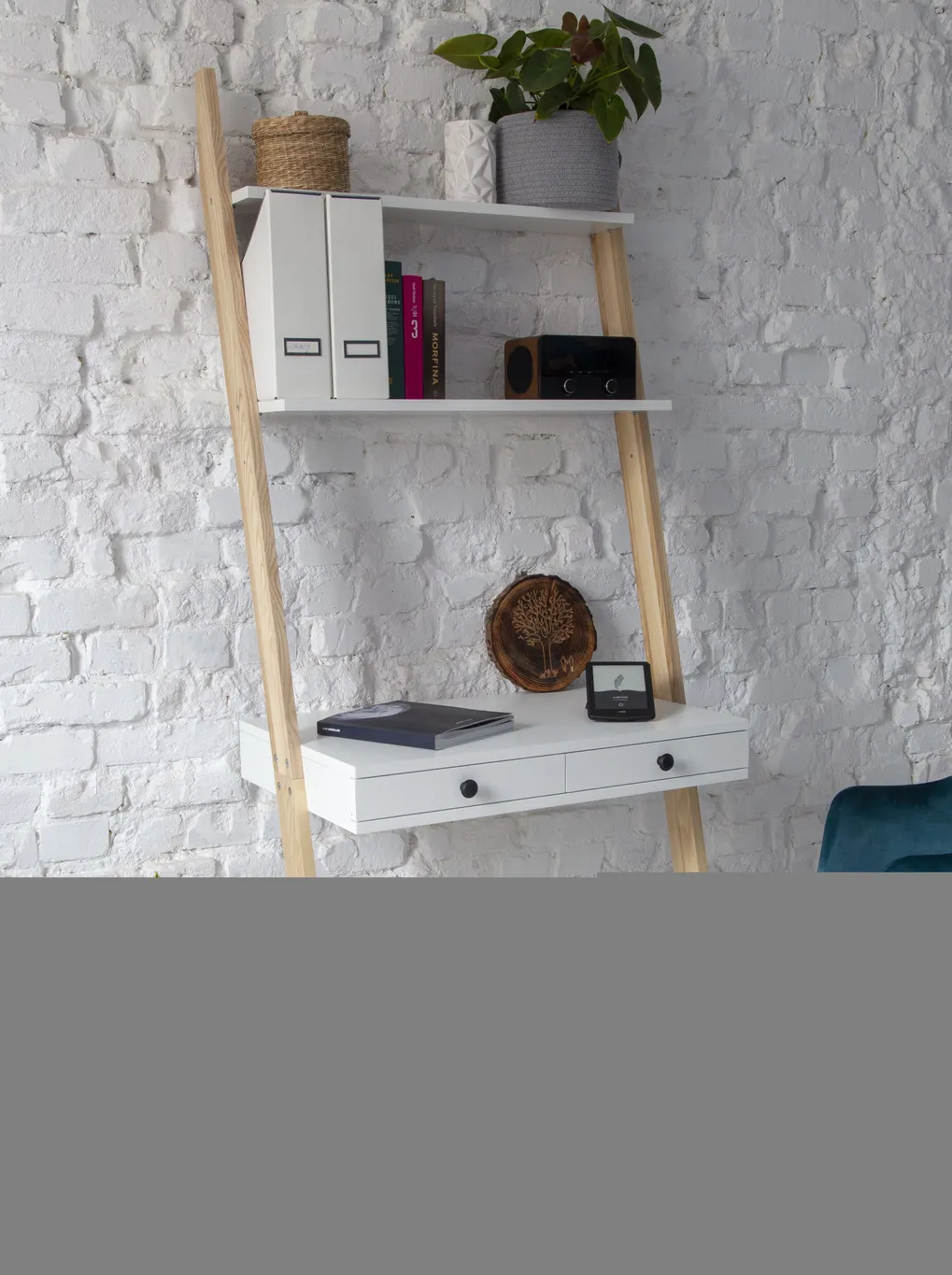 Biurko pionowe z szufladami i półkami LENO 79x183 ciemnoszary blat/jesionowe nogi - RAGABALSD16