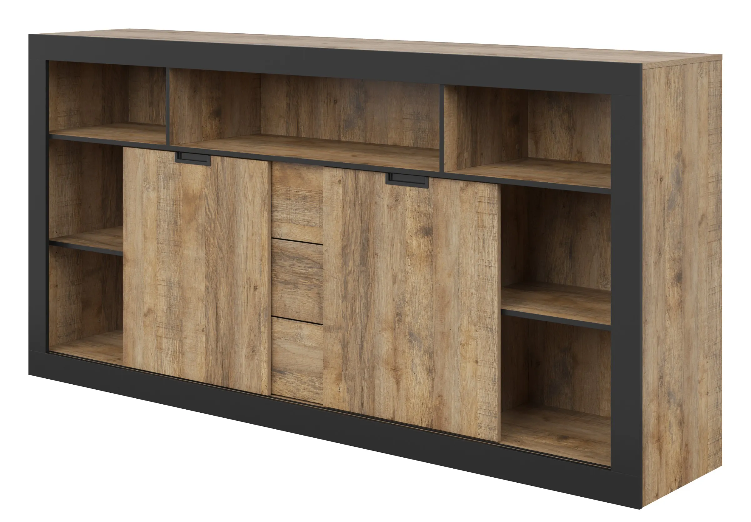 Komoda wysoka 2-drzwiowa z 3 ukrytymi szufladami TUDOR - dąb samdal, czarny Meble, Kredens, Szafka, Drewno