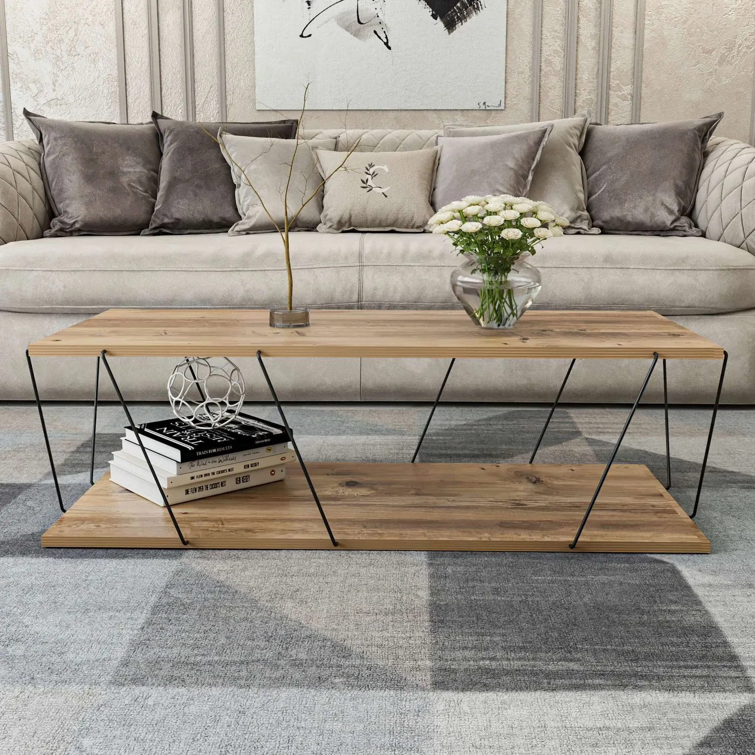 Ława-stolik kawowy na prostokątnej podstawie LABRANDA 120x50 sosna czarny stelaż - ASI_854KLN2808