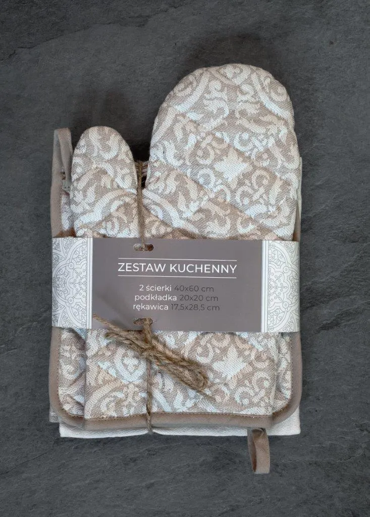 Zestaw kuchenny 4-czesciowy ETNO 001 podkładka rękawica 2x ścierka beżowy - FARO_28506