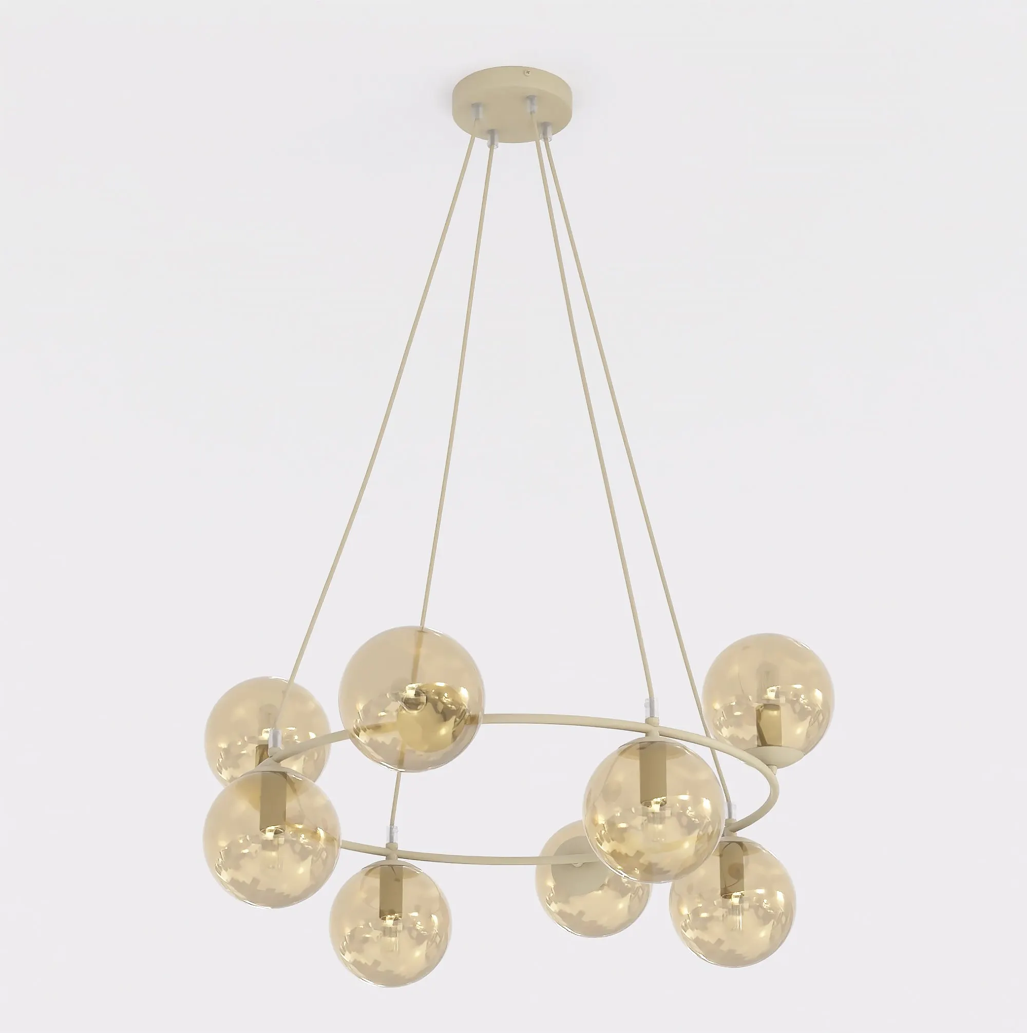 lampa wisząca, globusy szklane, kolor miedzi, konstrukcja metalowa, oświetlenie sufitowe
