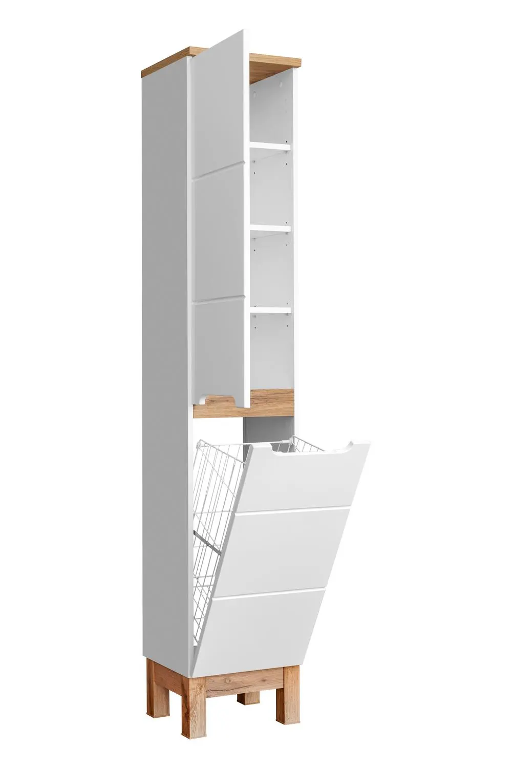 Szafka wysoka z koszem na pranie BALI biała, efekt drewna 187x35x33cm - BALI_WHITE_804_FSC