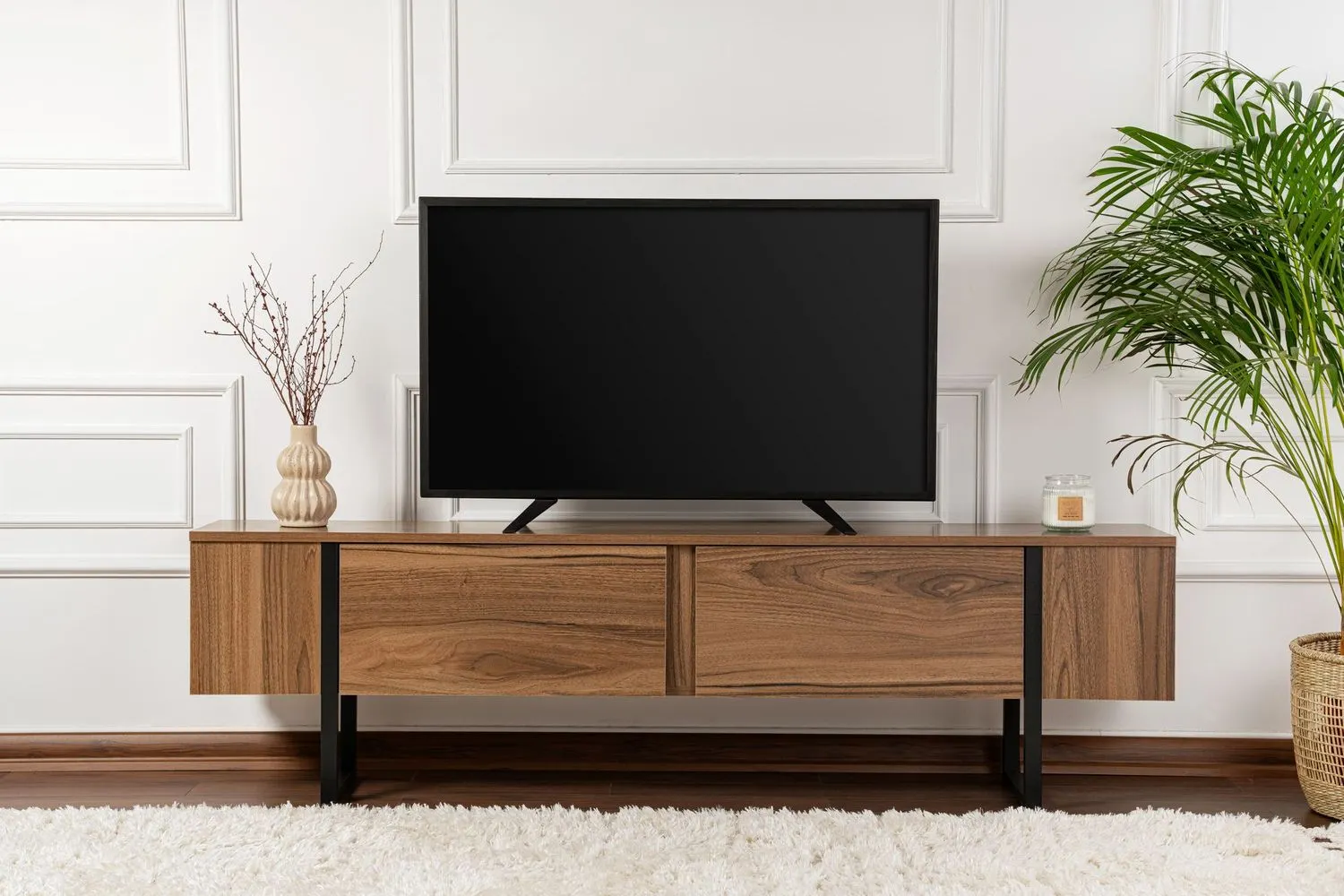 Szafka RTV drewniana 2-drzwiowa SERENITY 180 cm orzech czarny stelaż