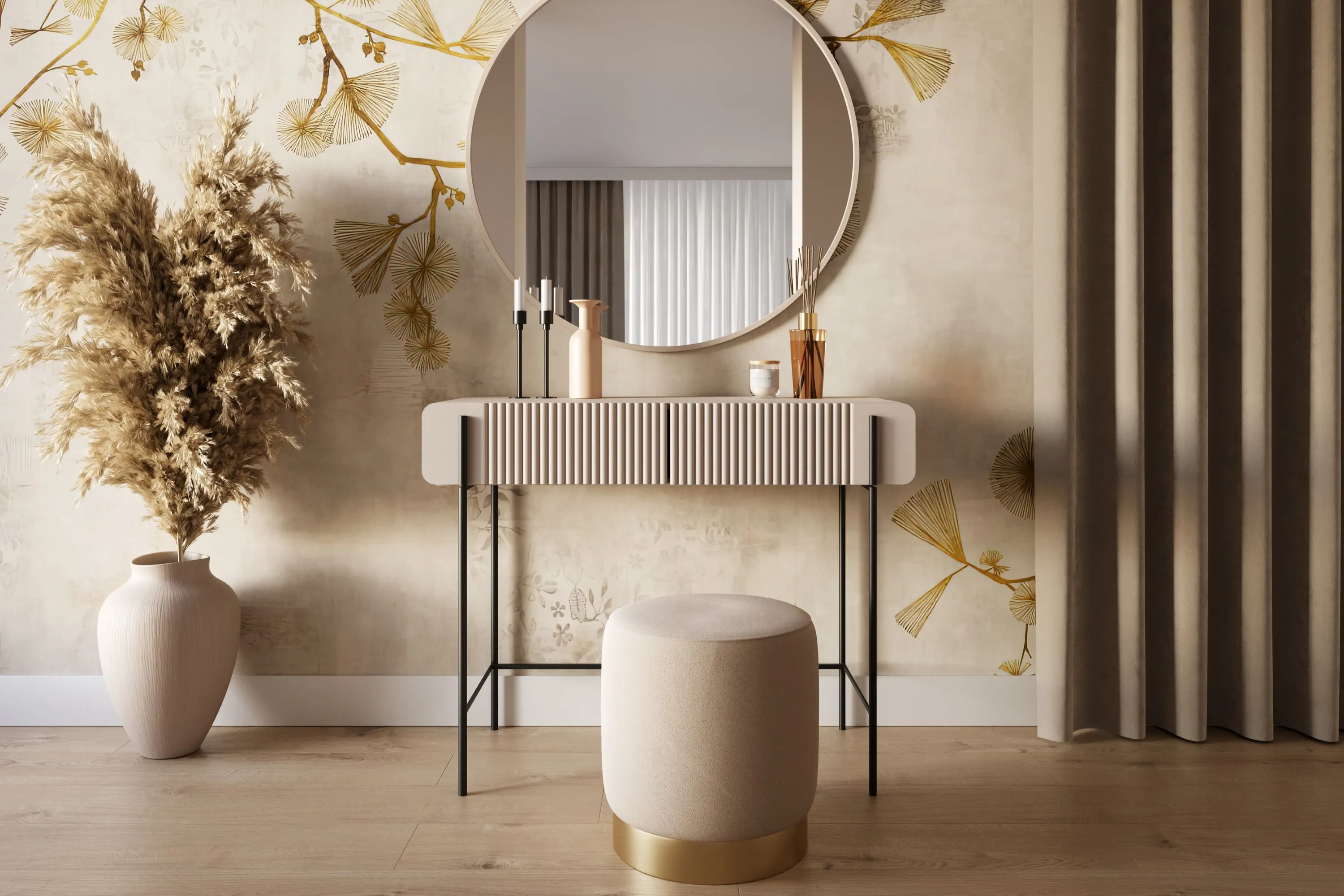 Toaletka z 2 szufladami MALMI ryflowany front 100cm - kaszmirowa - czarny stelaż - B_167007