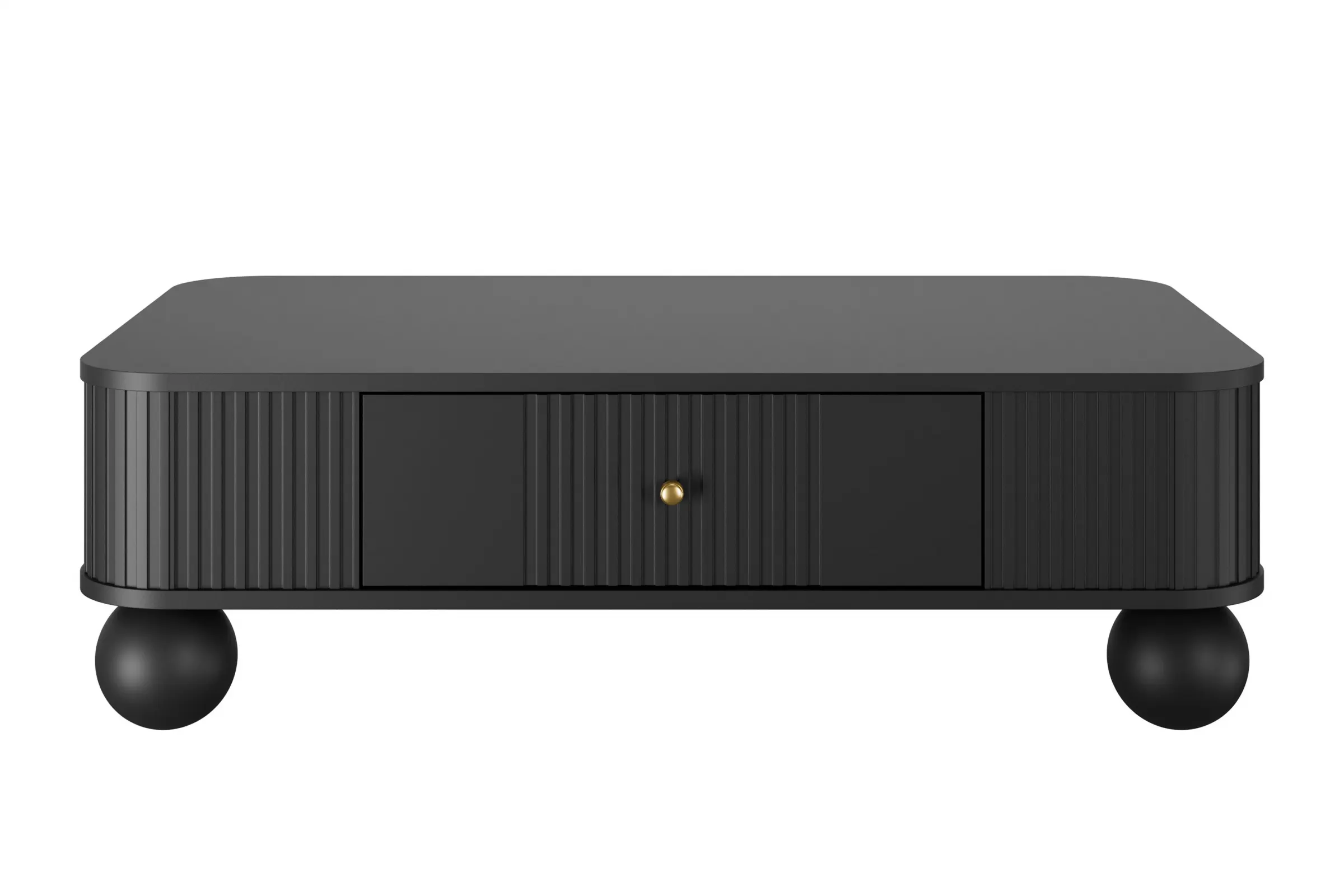 Stolik kawowy z szufladą VESPER 103 ryflowany front czarny złote uchwyty nogi kule - B_163819