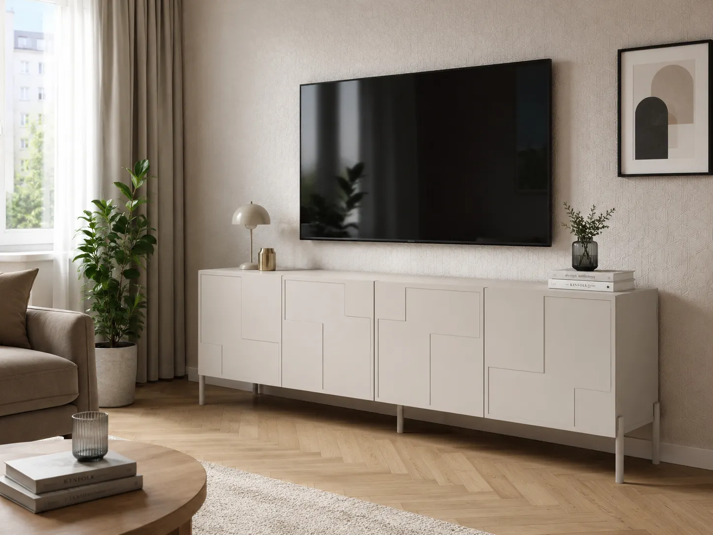 image telewizor, mebel z organizacją, kolor beżowy/neutralny, konsola pod TV, dekoracyjne dodatki
