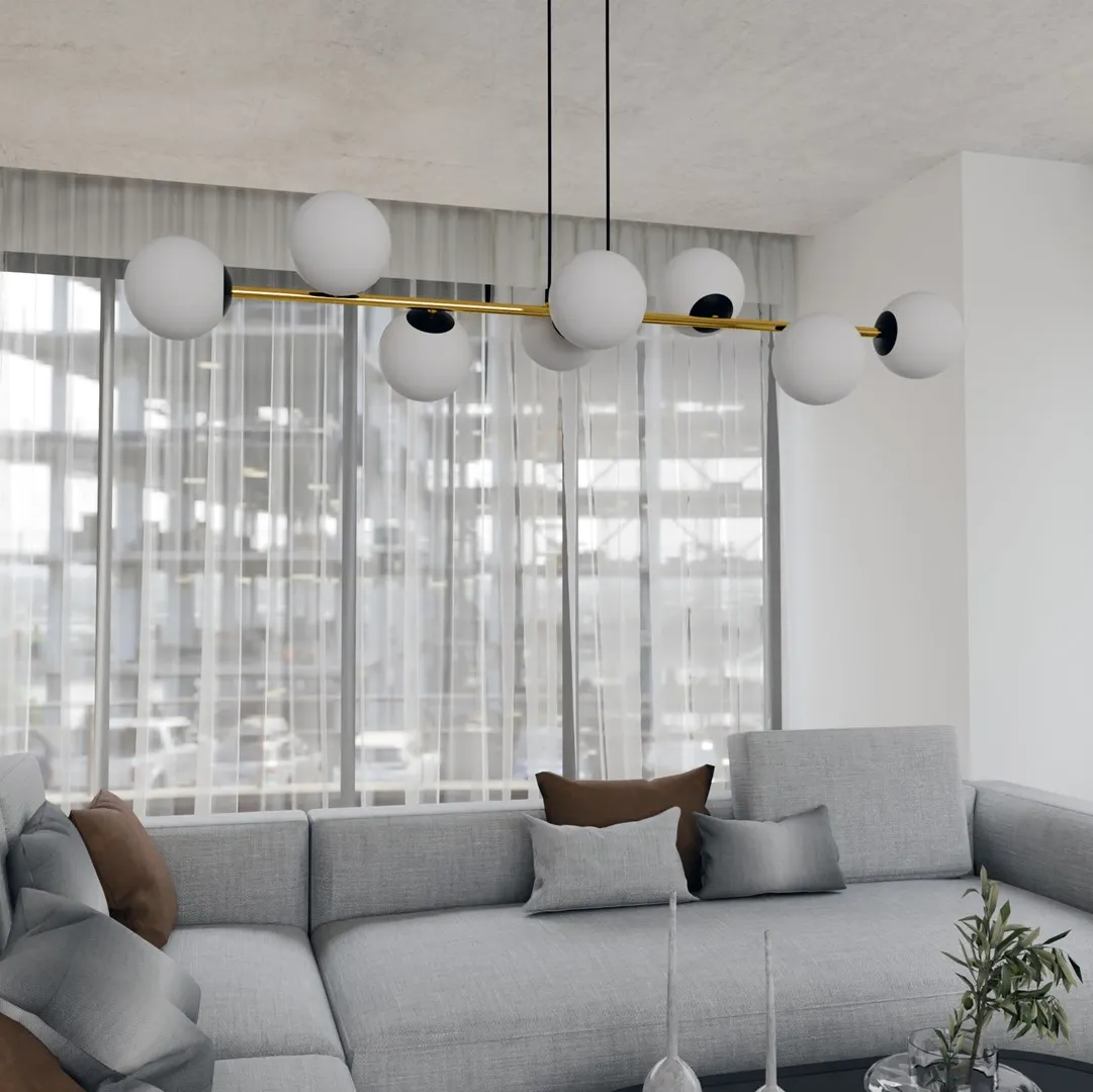 lampa wisząca, globowa, metalowa, złota belka, oświetlenie salonowe