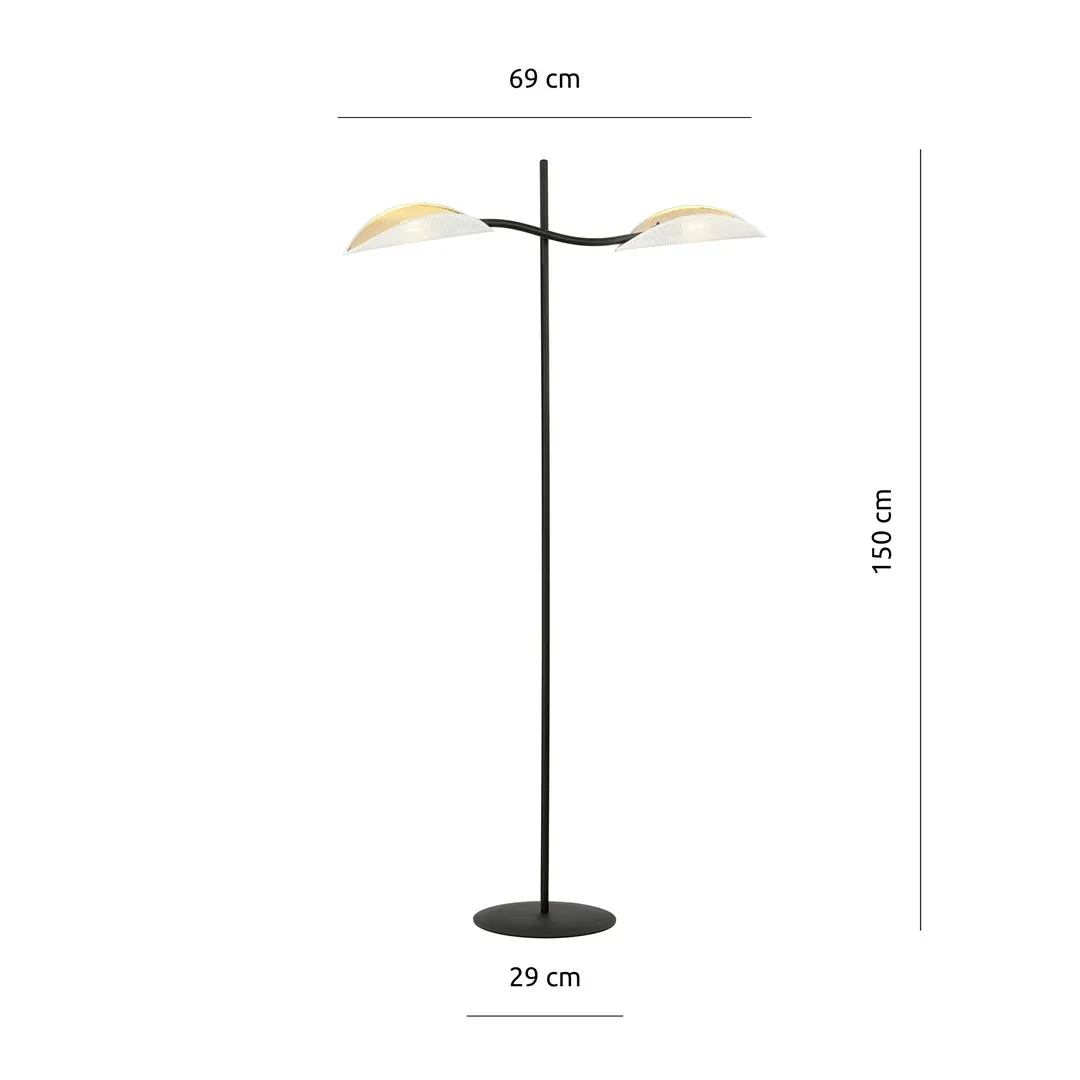 image lampa stojąca, podwójne reflektory, metalowa podstawa, czarna konstrukcja, dwa kuferkowe klosze