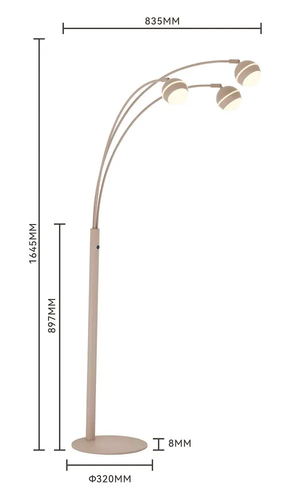 lampa stojąca, designowa, trzy ramiona, metalowa, kolor beżowy