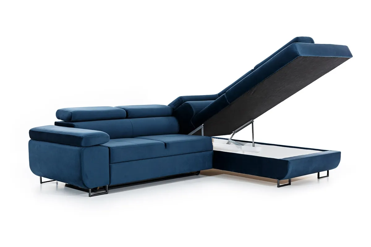 Narożnik prawostronny ANNABELLE L regulowane zagłówki nogi czarne prawy Monolith 77 granatowy - B_165786