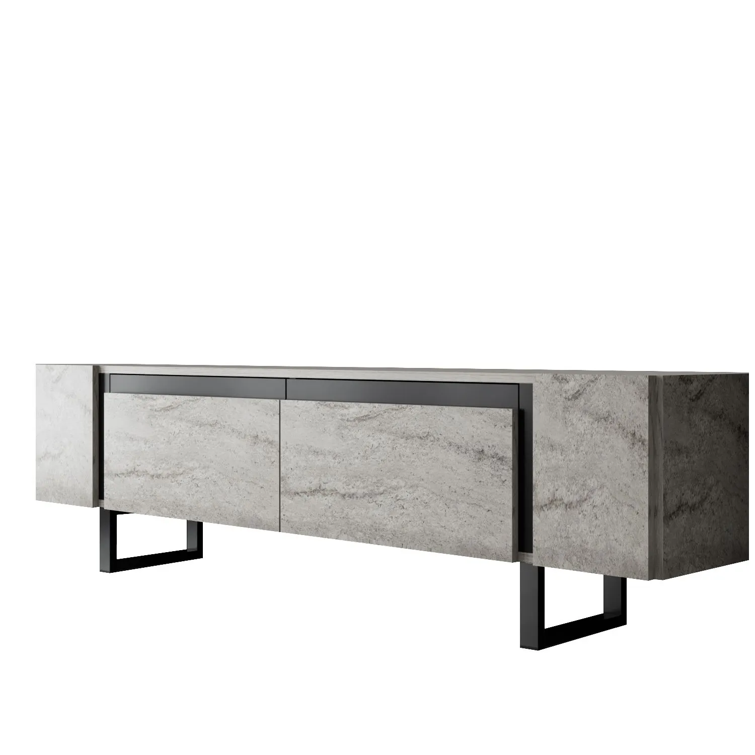 Szafka RTV z 2 klapami YILDIZ 180x30x50 cm trawertyn czarny stelaż