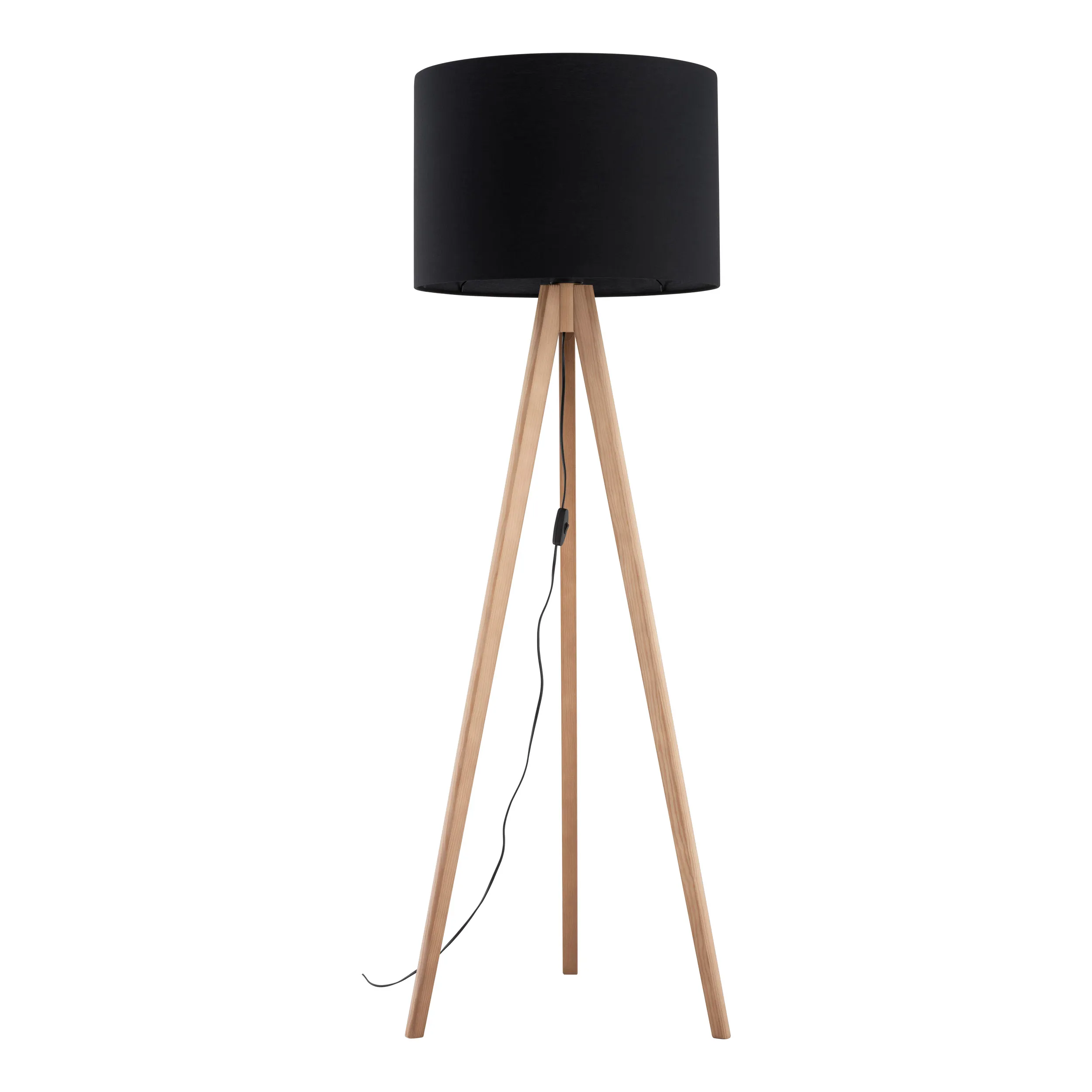 Lampa podłogowa GRAND na jasnych sosnowych drewnianych nogach z czarnym okrągłym kloszem 145x50cm