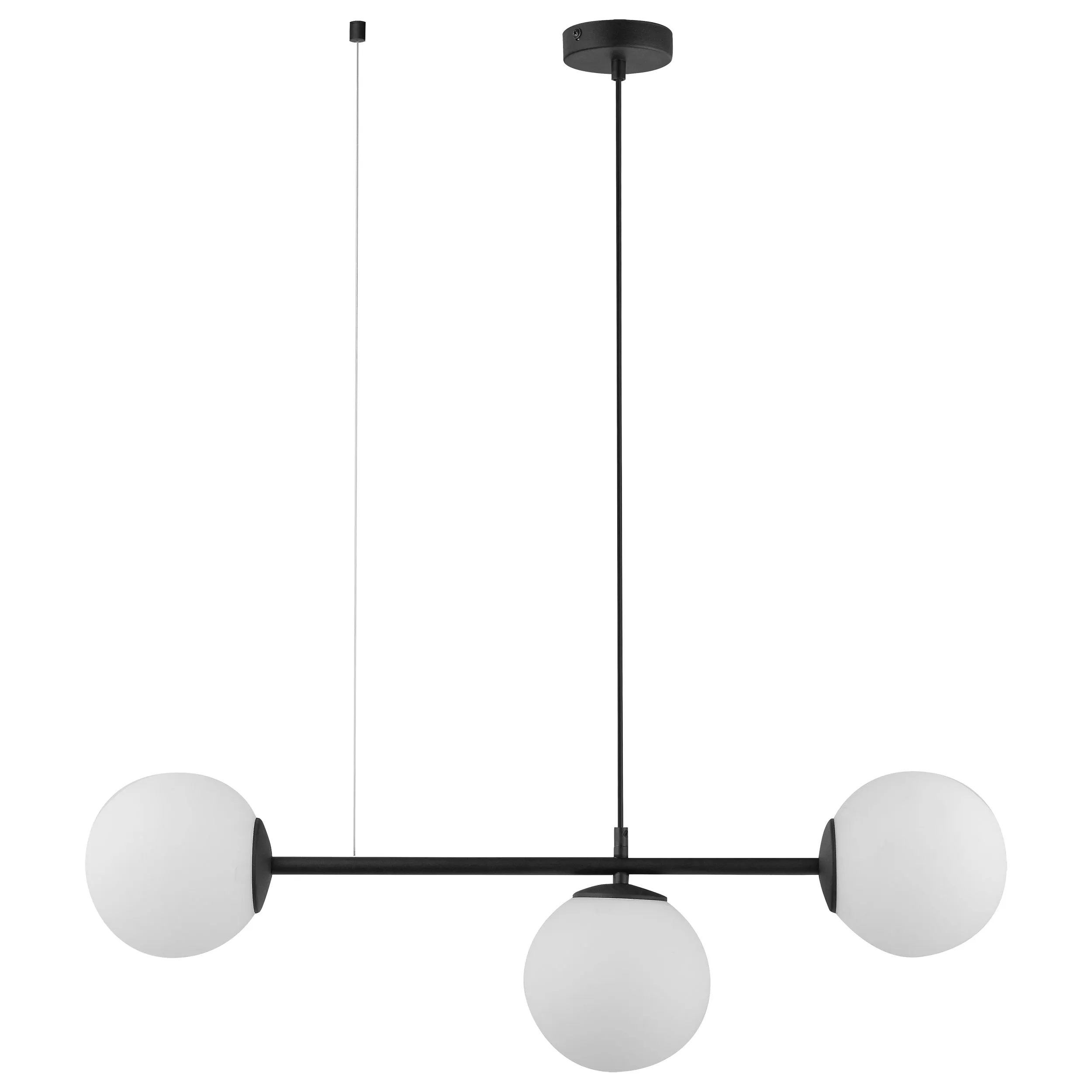 Lampa wisząca CELESTE czarna z białymi okrągłymi szklanymi kloszami 115x80x16cm