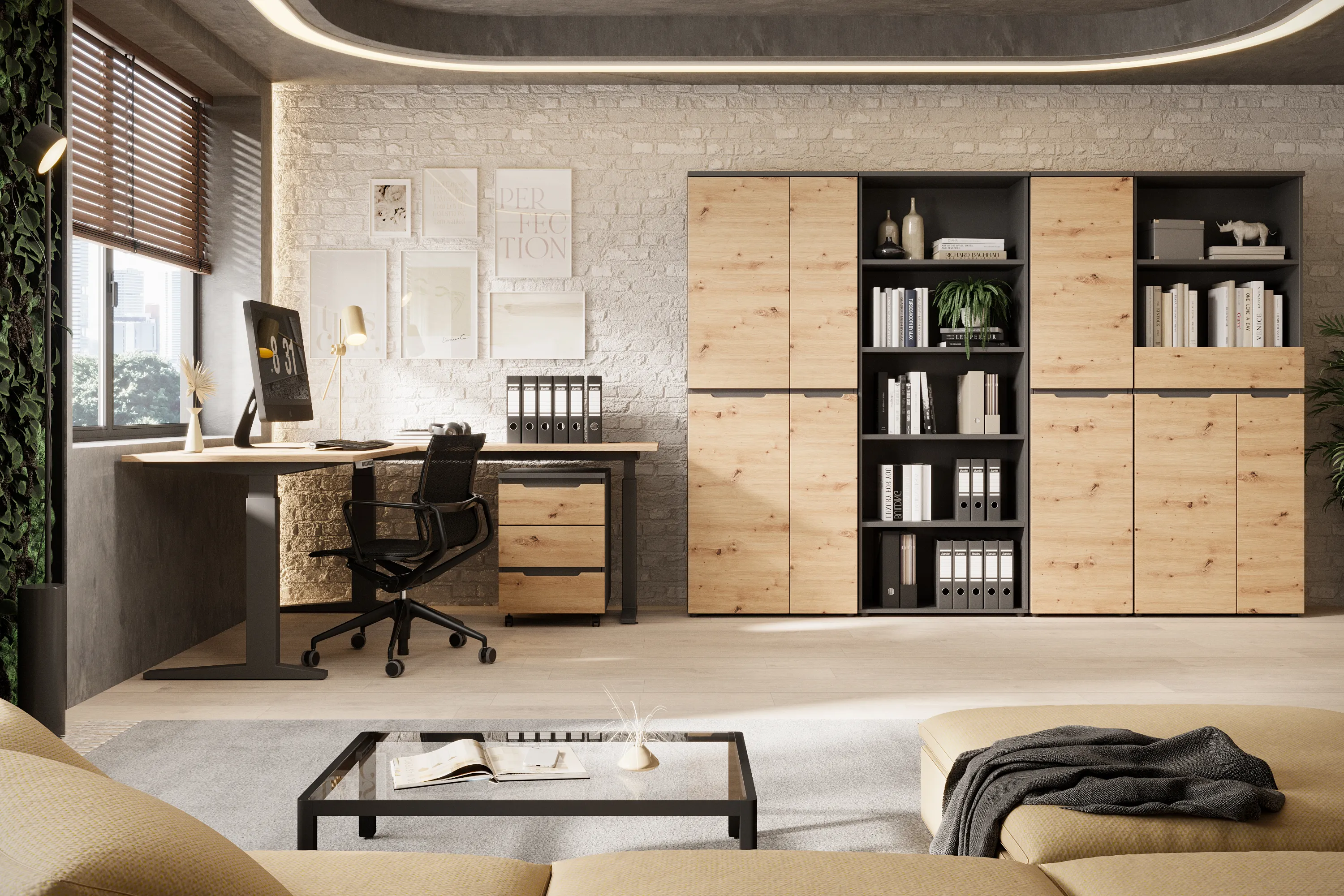 Biurko BREGO 75 z regulacją wysokości dąb artisan czarne 169x72x77cm - TH-100-1907