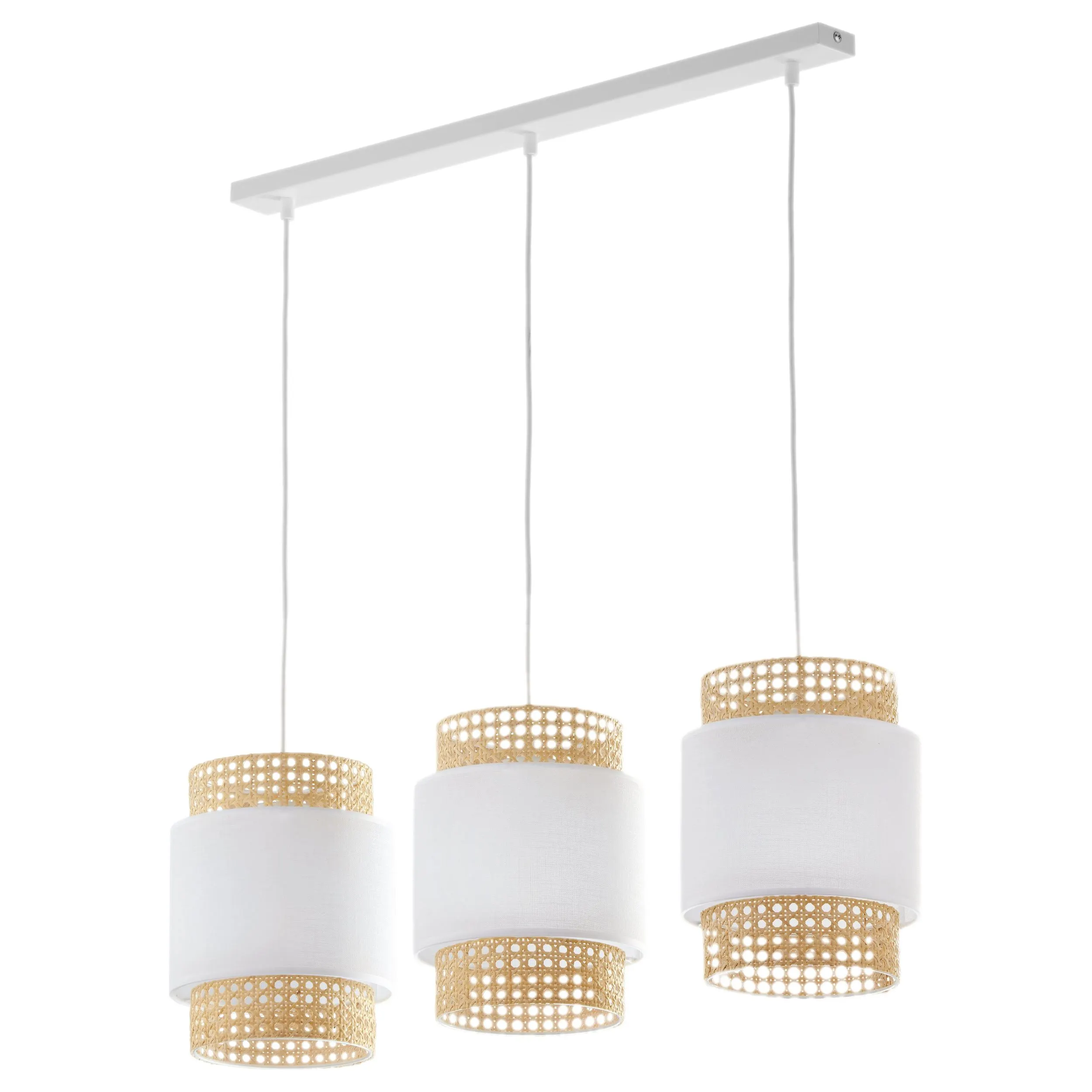 Lampa wisząca BOHO biała z brązowym elementem z plecionki na metalowej listwie 100x80x20cm