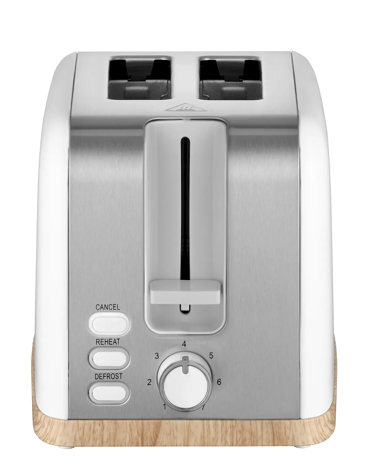 toaster, two-slice, slim, stainless-steel, wood base