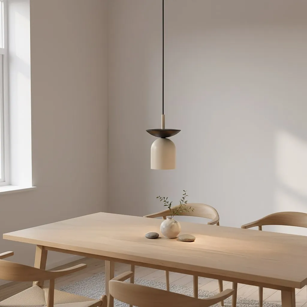 image stół, drewniany, jadalniany, oświetlenie wiszące, minimalizm