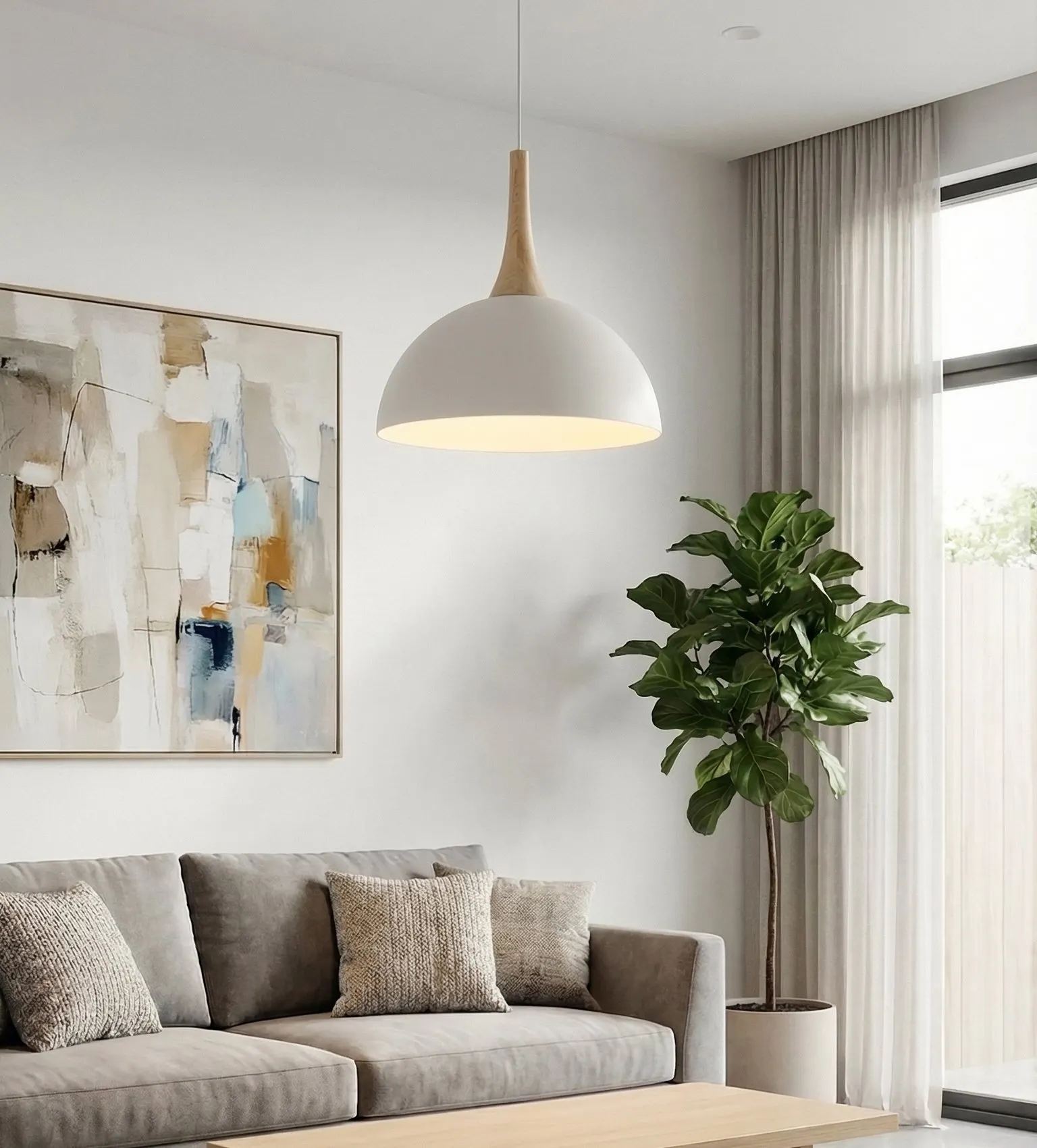image lampa wisząca, sklepowy sufitowa, wewnętrzna aranżacja, sofa szary, roślina doniczkowa