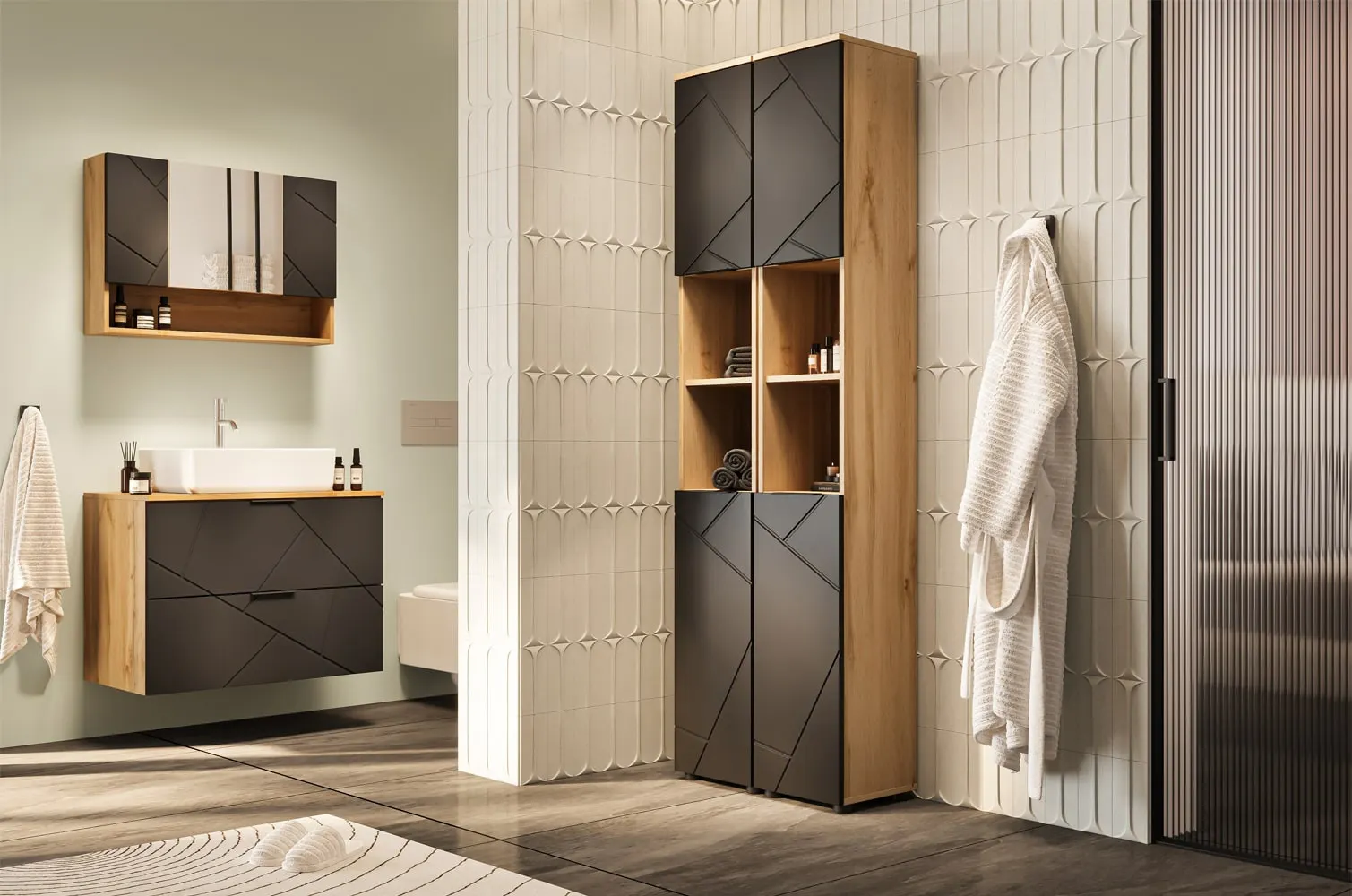 Szafka wisząca z lustrem MAZI 55x80 dąb Wotan/czarny mat - TH-100-1843