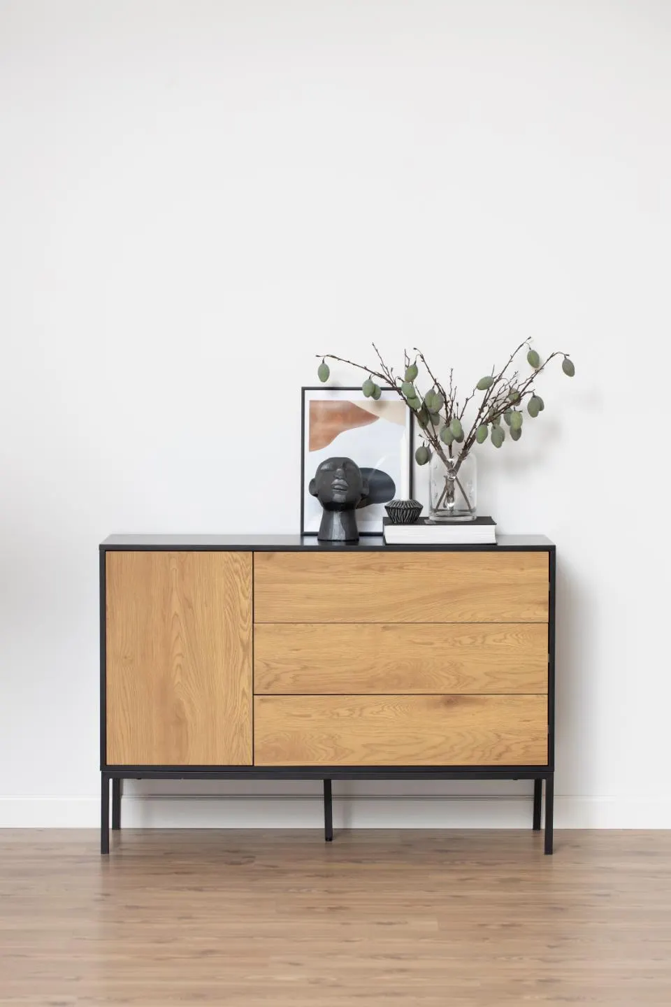 Komoda 1-drzwiowa z 3 szufladami MOODY 120x40x82 Naturalny, Czarny — zdjęcie 11