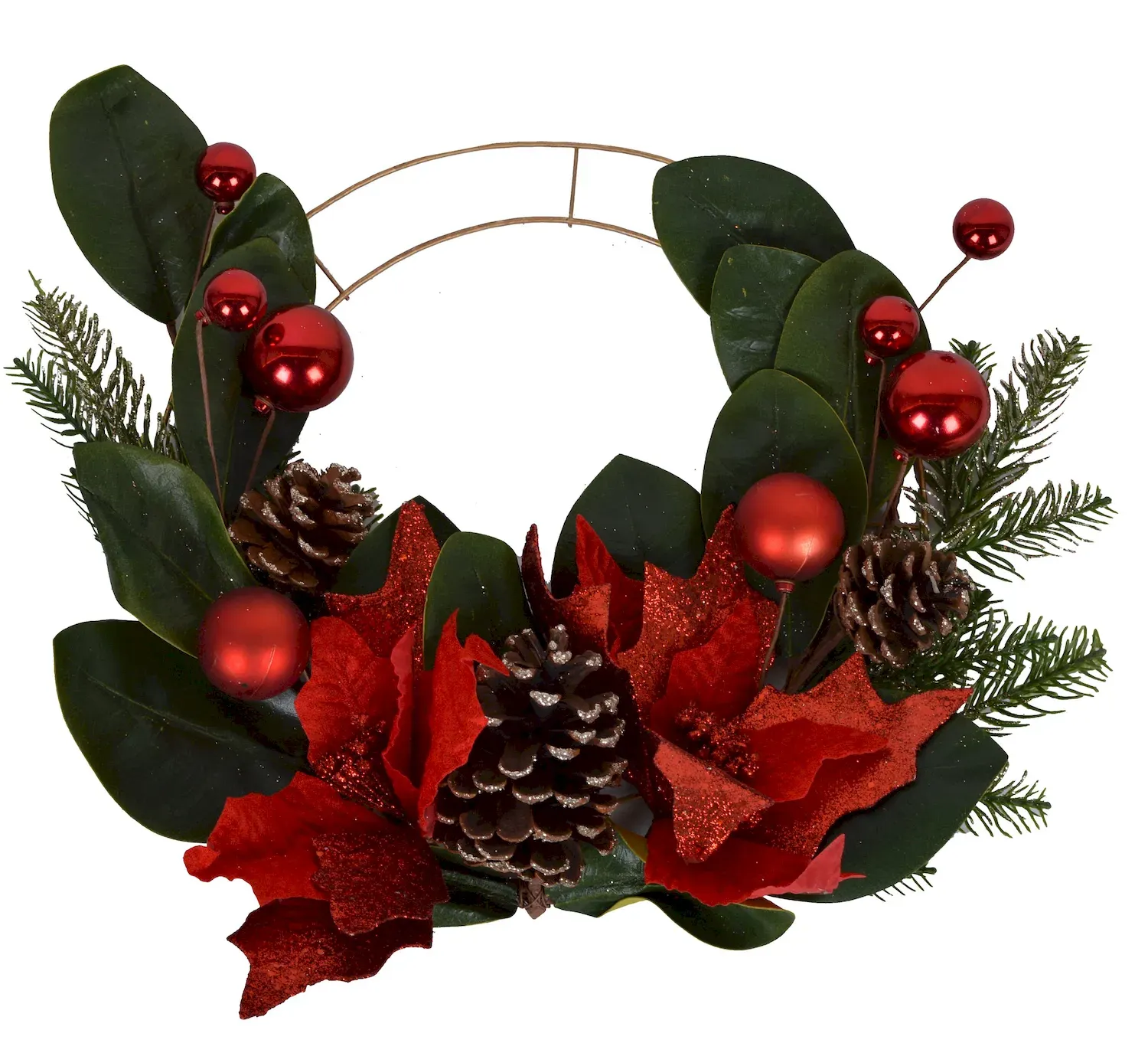 Obręcz metalowa z kwiatem gwiazdy betlejemskiej , szyszkami i bombkami Obręcz metalowa z kwiatem gwiazdy betlejemskiej , szyszkami i bombkami