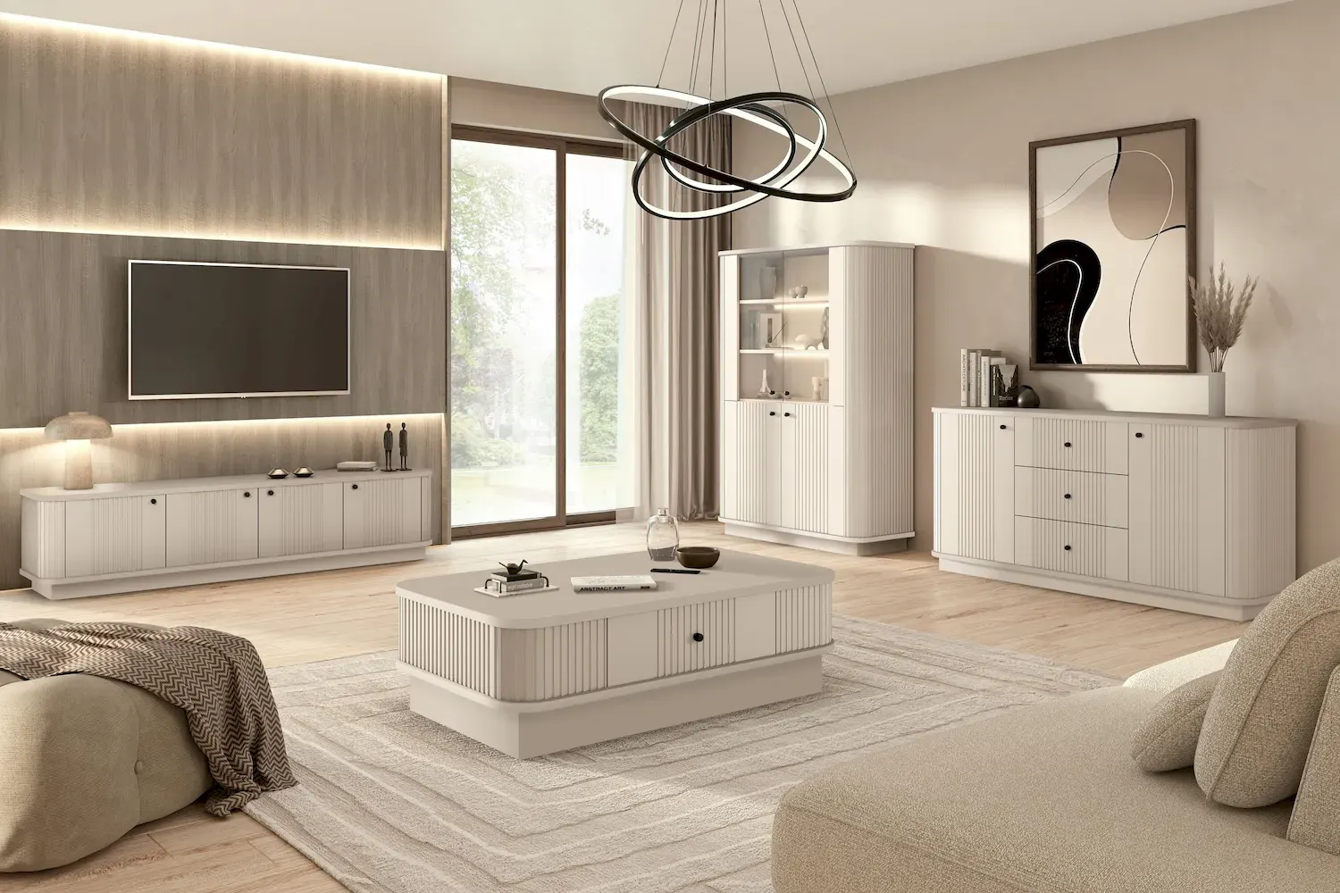 Witryna 4-drzwiowa VESPER z oświetleniem ryflowany front - cashmere czarne uchwyty cokół - B_169474