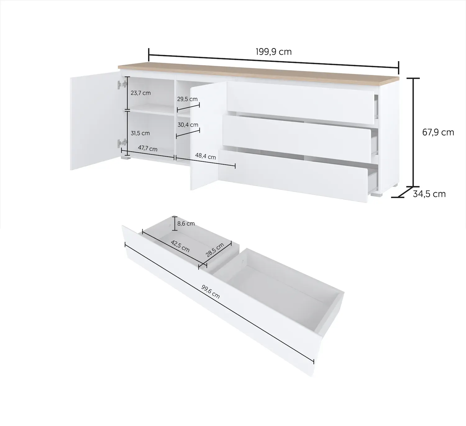 Komoda 2-drzwiowa z 3 szufladami MODO 200cm biały dąb mauvella - 247VOJ28