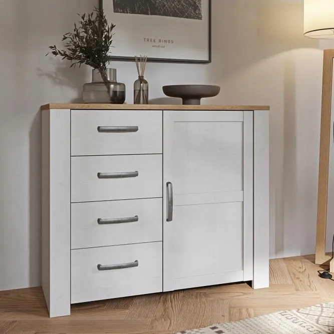 Komoda 1-drzwiowa z 4 szufladami L/R CHISBURY - dąb riviera, modrzew jasny sibu - BHLK222-M482