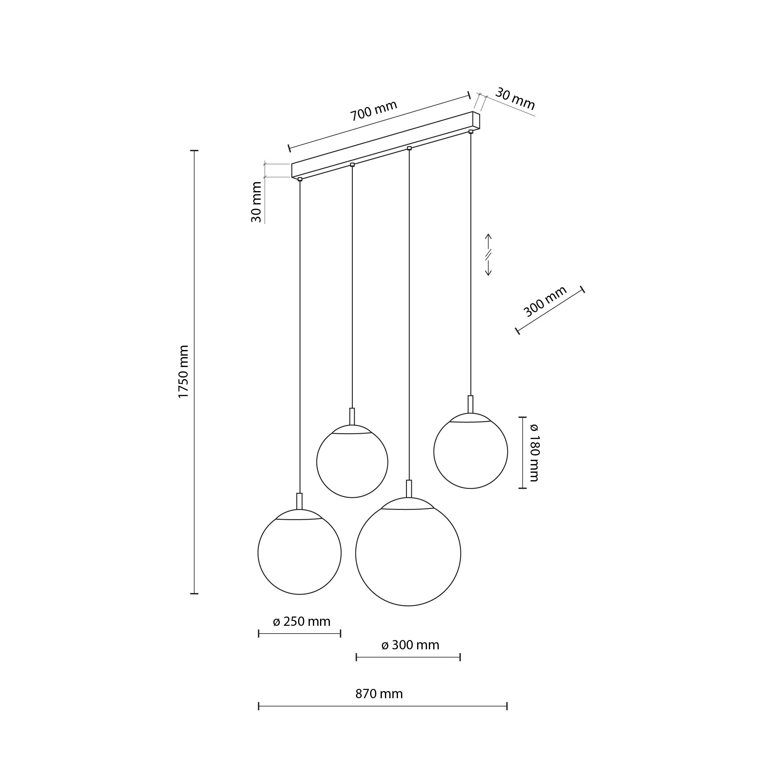 Lampa wisząca ESME czarna z białymi okrągłymi szklanymi kloszami 110x87x20cm - TK_4790