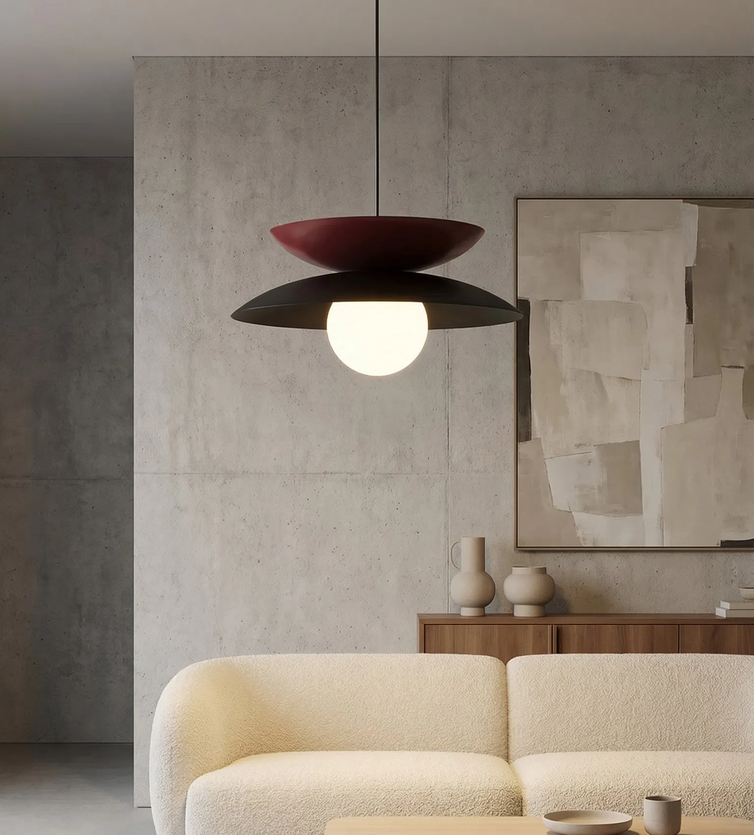 lampa wisząca, duża lampa, metalowy klosz, kula światła, salon