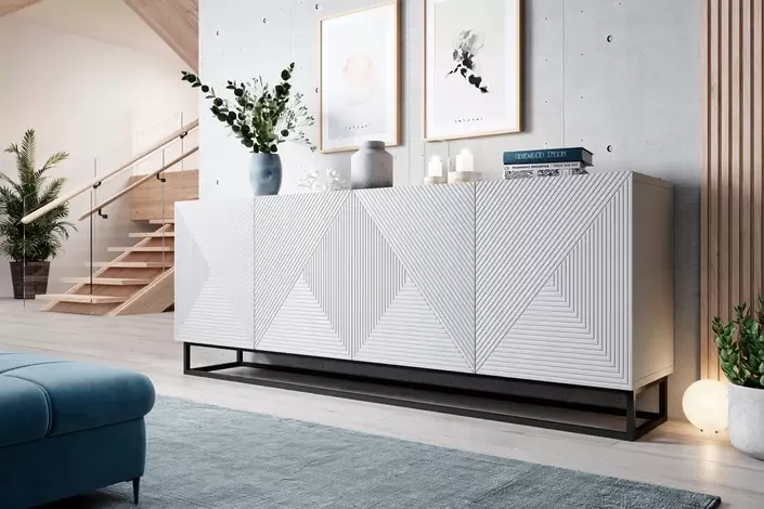 Komoda 4-drzwiowa ASHA 200 4D - biały mat - czarny stelaż - ryflowany front - B_52088