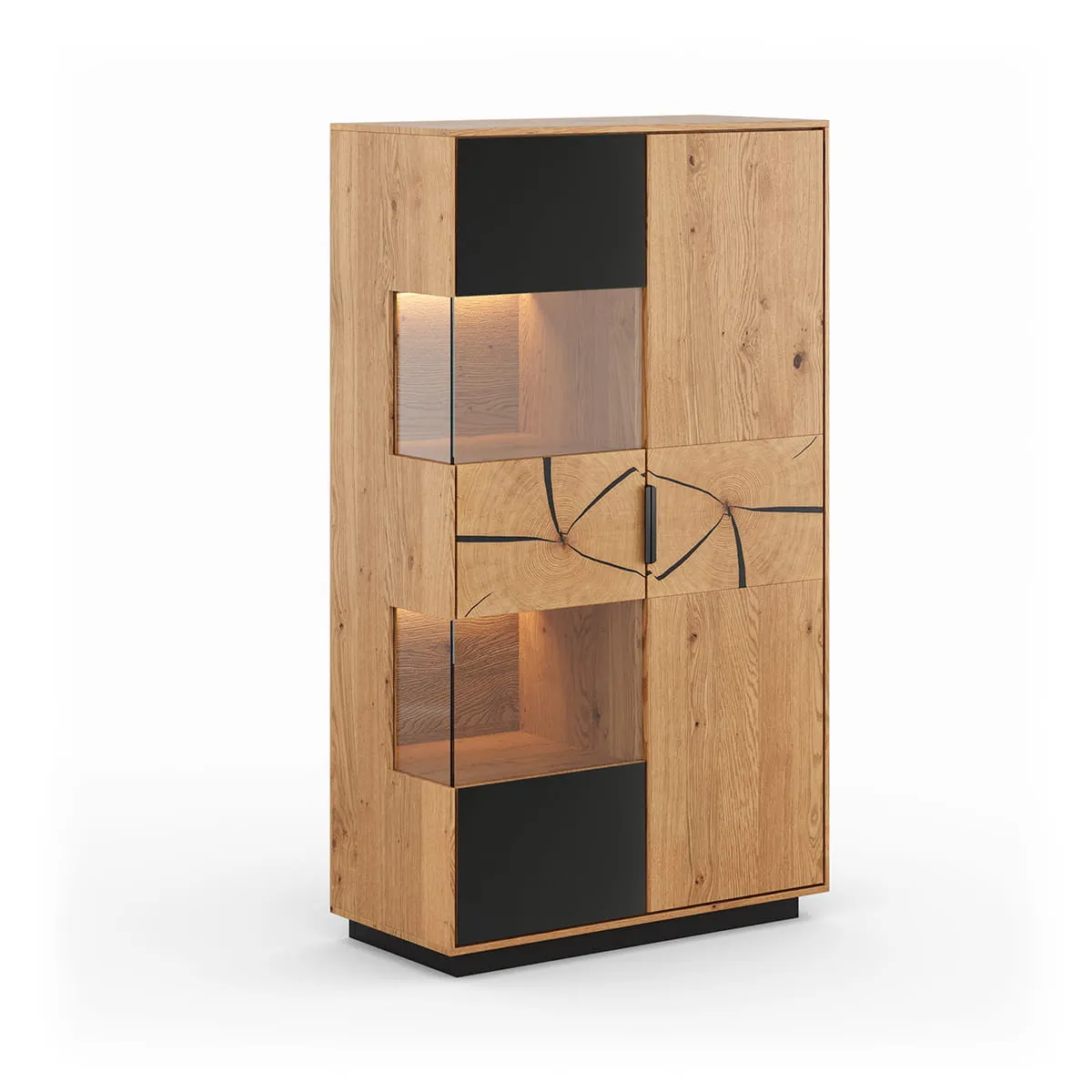 Witryna dębowa niska 2-drzwiowa plaster drewna, szkło TIRANO Dąb olejowany, Czarny
