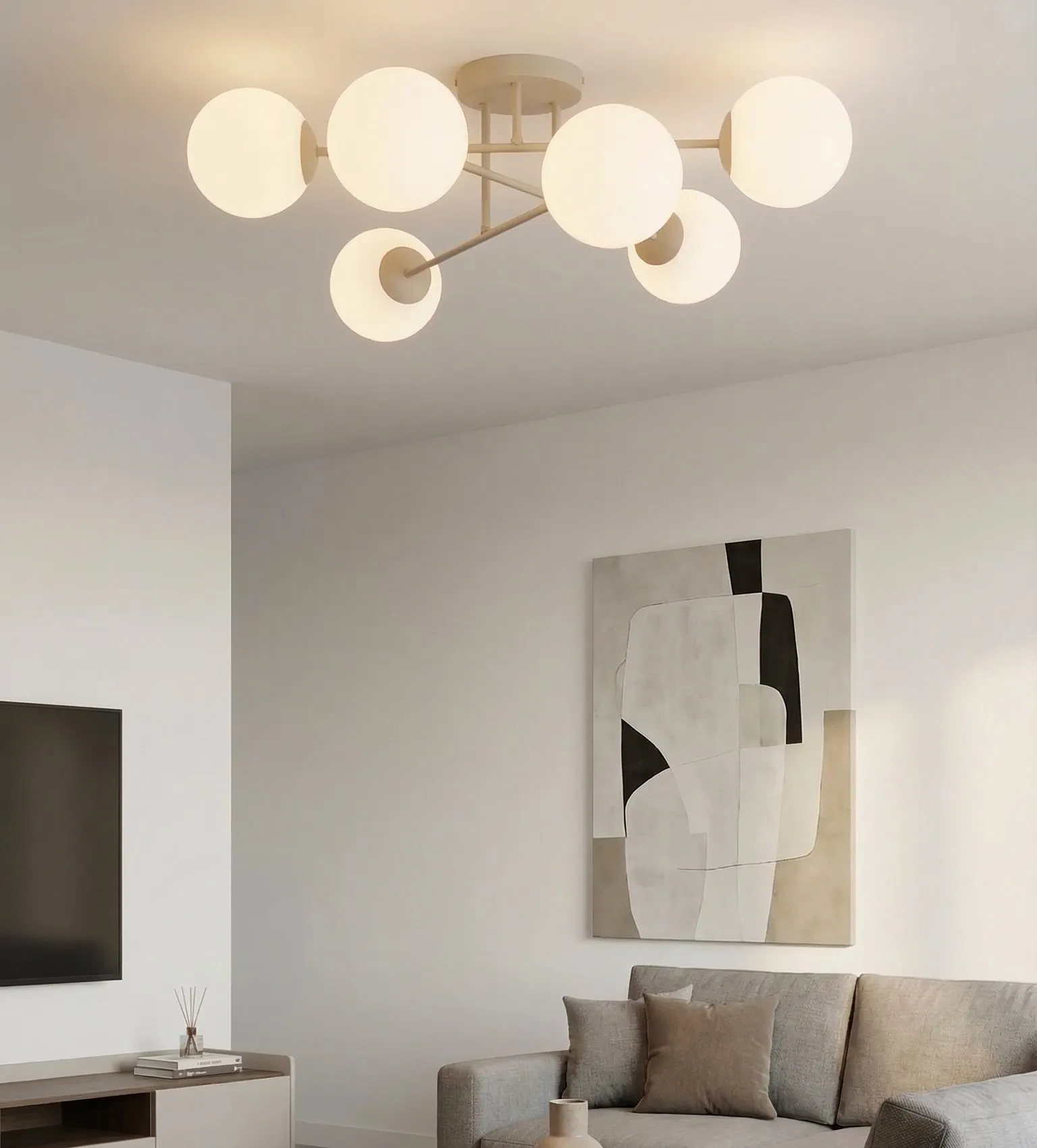 image lampa sufitowa, globusowe światła, nowoczesny design, salon, abstrakcyjny obraz