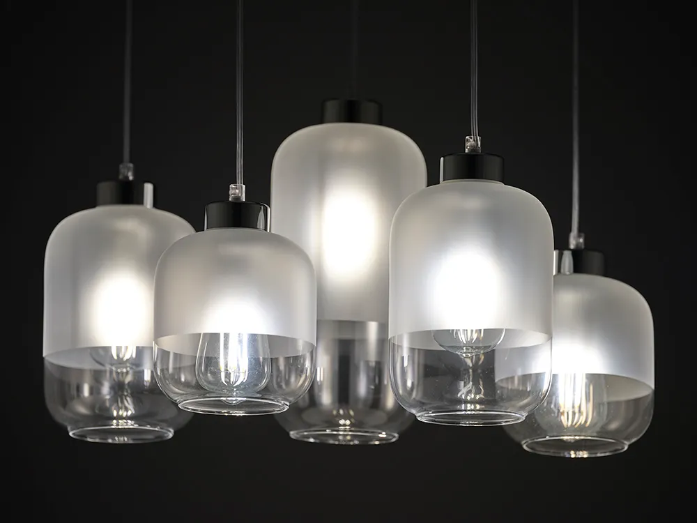 Lampa wisząca MARCO na białej podstawie z przeźroczystymi przewodami chromowane elementy klosze szklane o różnych wielkościach przeźroczysto mleczne 130x65x35cm - TK_3359