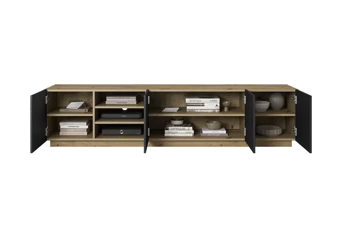 Szafka RTV ASHA 200 4D z wnęką - czarny mat - dąb artisan - ryflowany front - cokół - B_149622