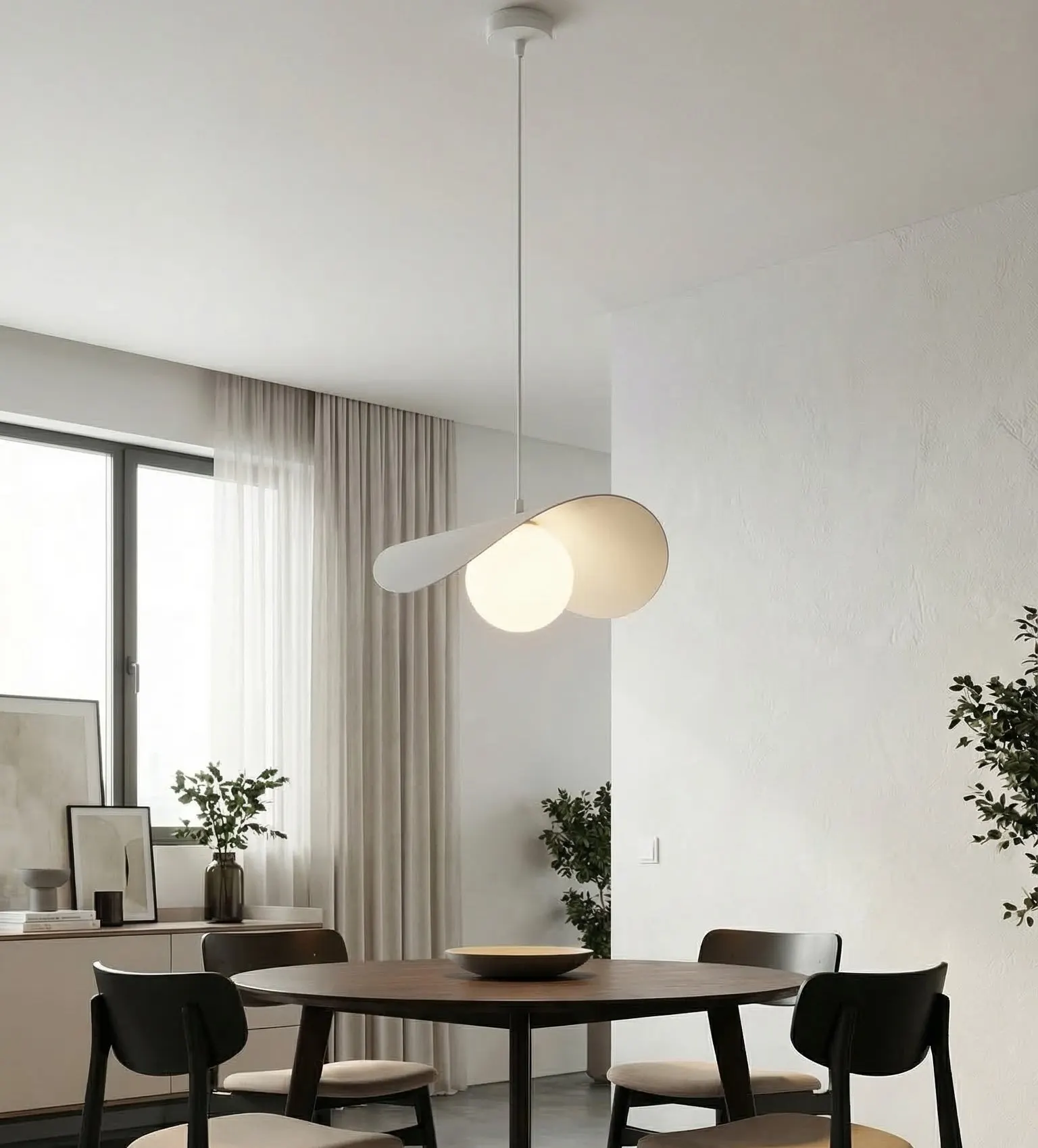 lampa wisząca, lampa sufitowa, jadalnia, minimalizm, okrągła lampa
