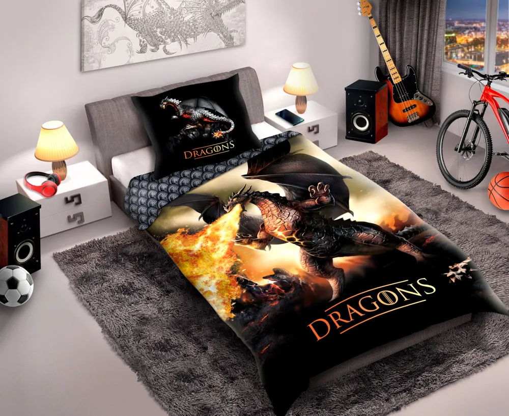 Pościel komplet młodzieżowy DRAGONS 027 bawełna 140X200+70X90 LATAJĄCY SMOK wielokolorowy - FARO_23920