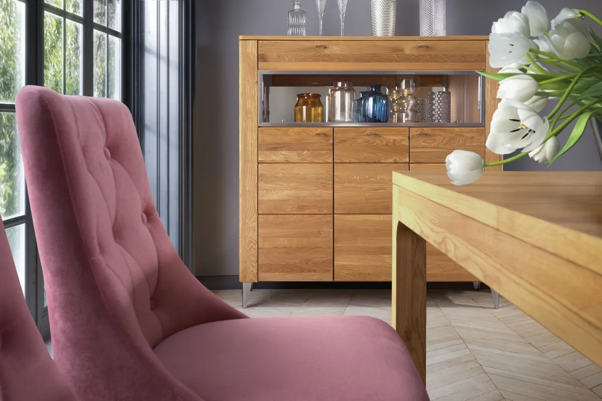 Witryna 3-drzwiowa LATINA 48 drewniana z barkiem i lustrem wewnątrz - dąb miodowy 134x126x42cm - TH-100-1475