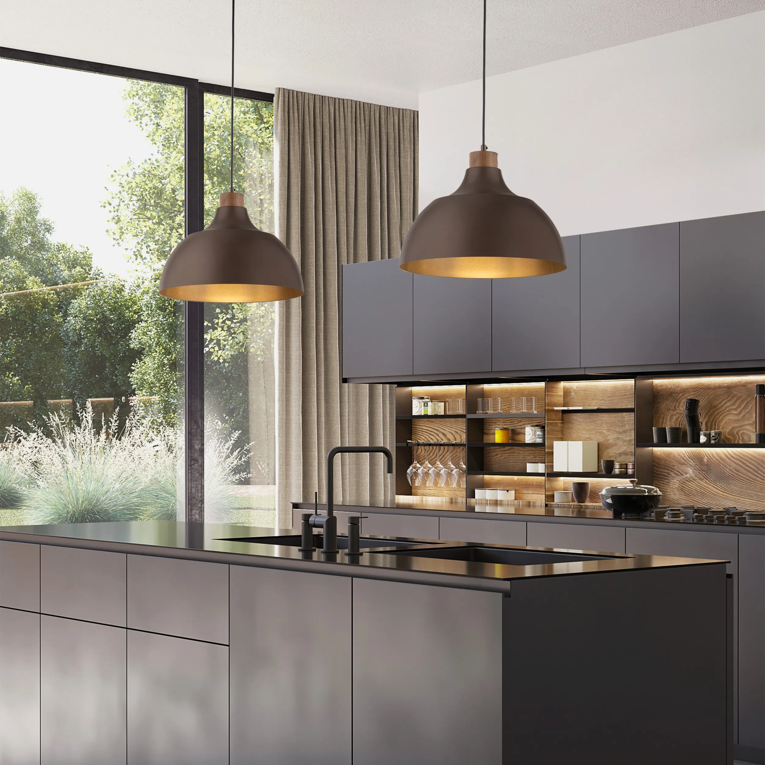 Lampa wisząca CAP brązowa z drewnianym elementem na czarnej podstawie i przewodzie 165x34cm - TK_6926