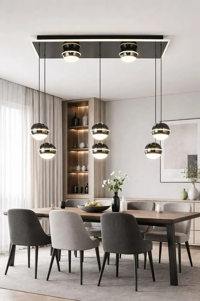 image lampa wisząca, zestaw mebli jadalnianych, stół drewniany, krzesła szare, wnętrze nowoczesne