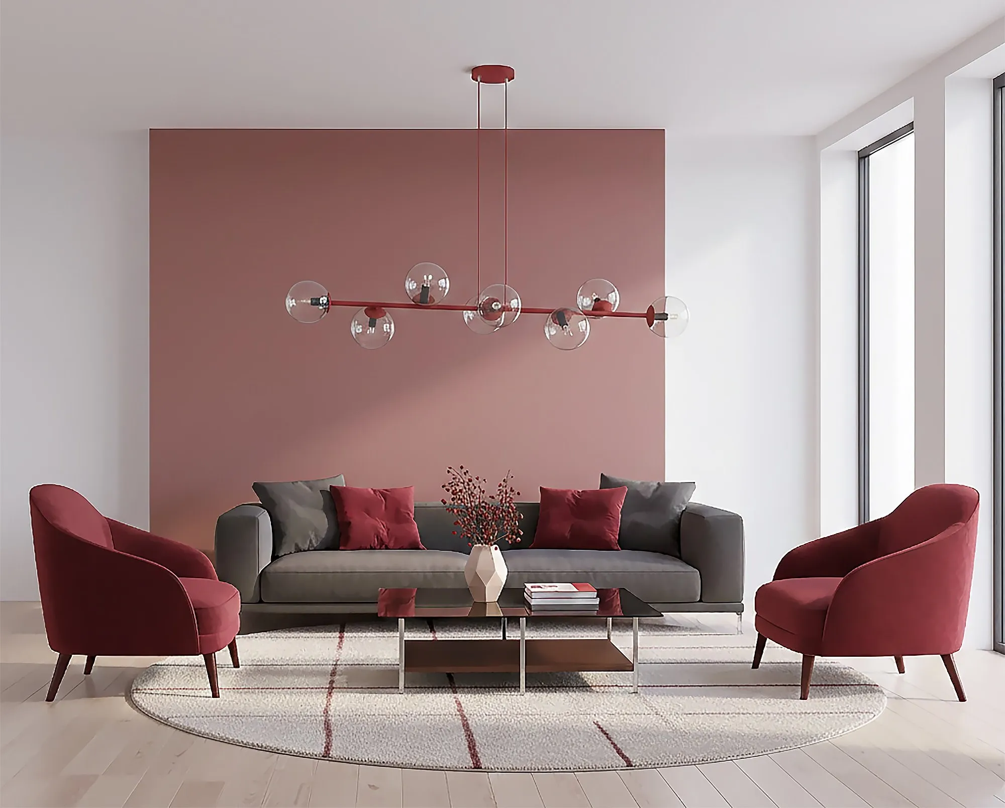 salon, sofa, lampa sufitowa, fotel, dywan