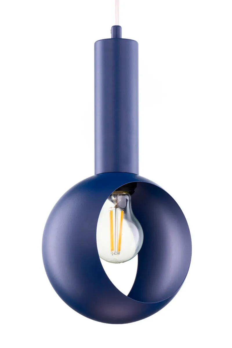 lampa wisząca, żarówka LED, niebieski kolor, metalowa lampa, konstrukcja okrągła