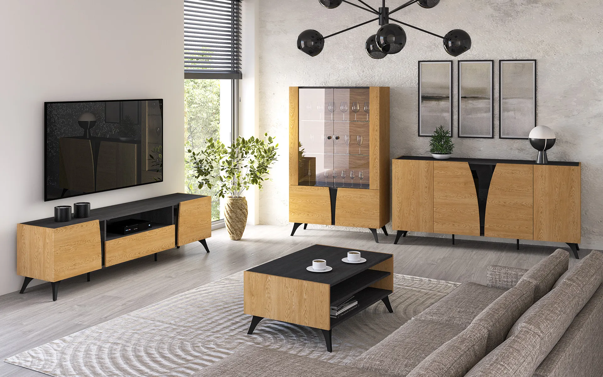 Komoda 5-drzwiowa TOSCANIA 04 dąb baltic dune jesion prestige czarny — zdjęcie 9