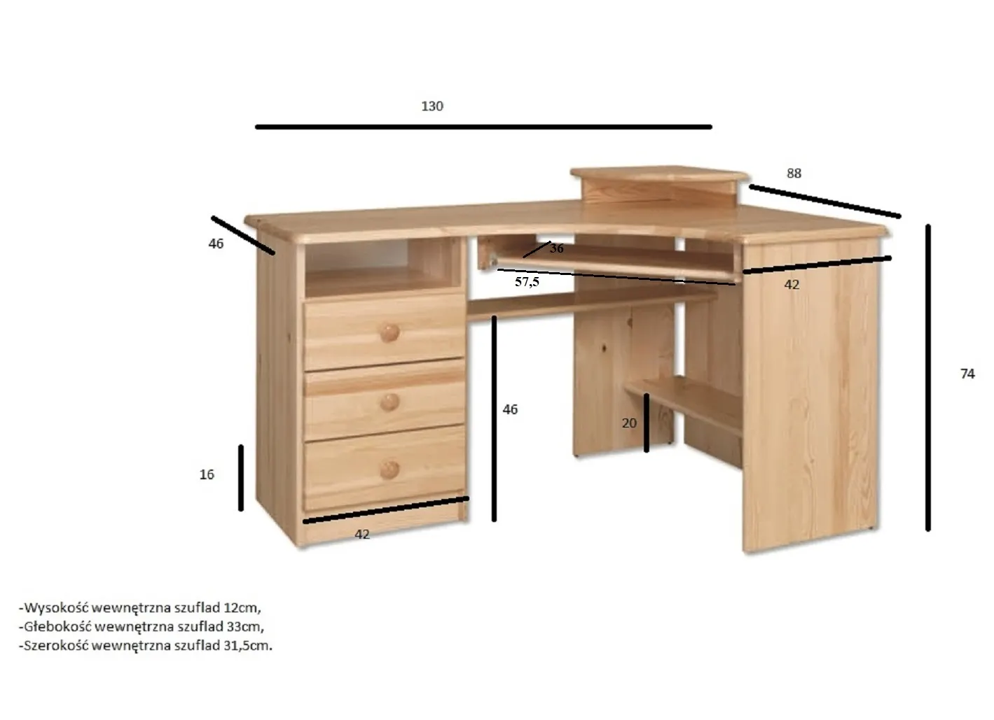 Biurko S130 W75 G90 sosna olcha DREWMAX - 01334