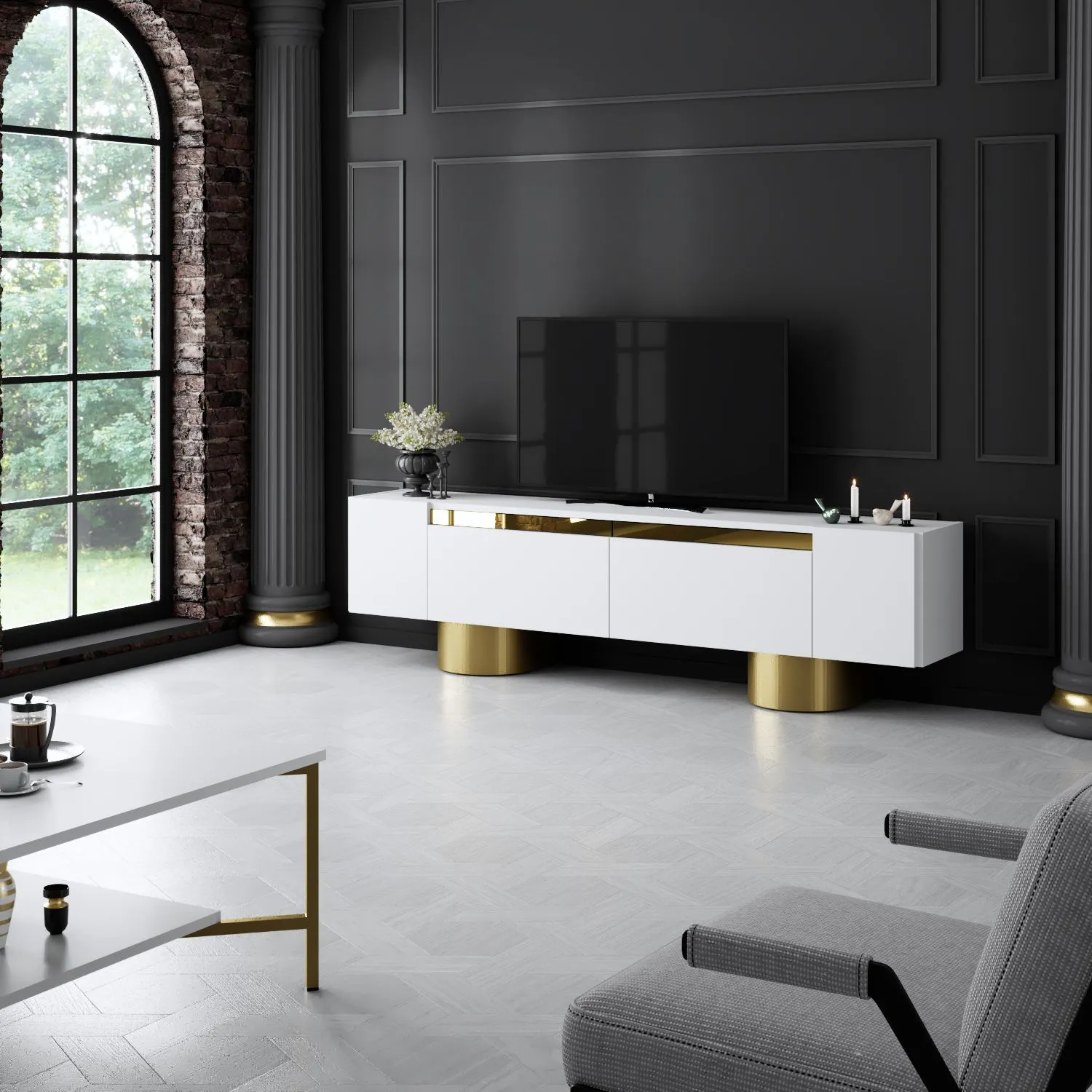 Szafka RTV z 2 klapami na blaszanych nogach BOHEM 180x50x30 cm biały złoty - ASI_618BLY1261