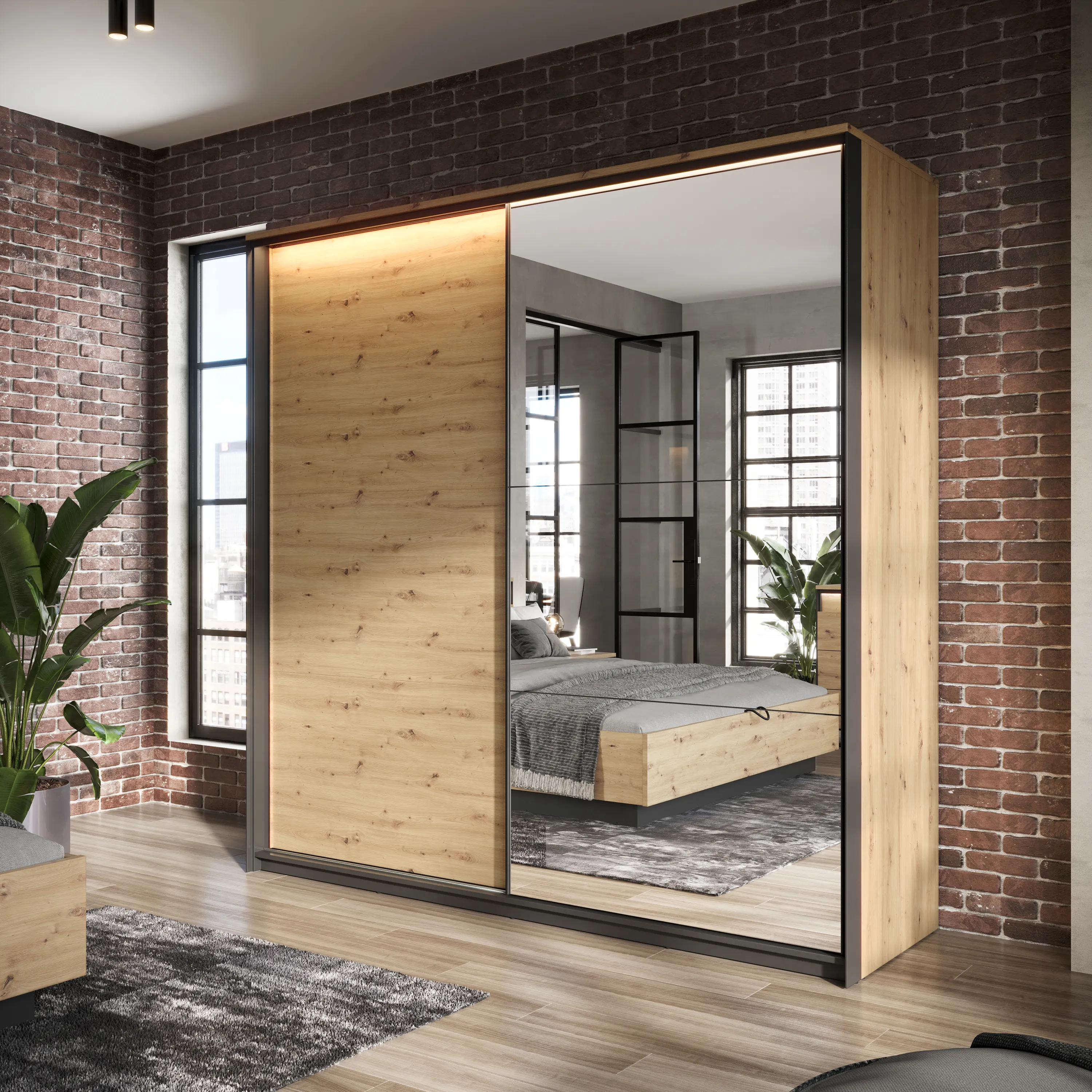 Szafa 2-drzwiowa z lustrem LED Quant QS-01 220cm dąb artisan/czarny - QS1DAC