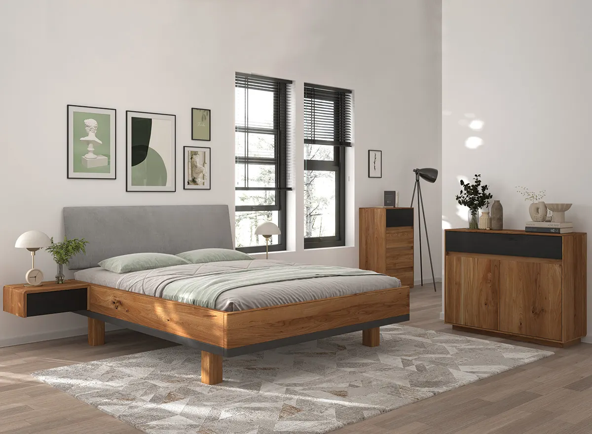 Łóżko dębowe z tapicerowanym zagłówkiem CADI Dębowy Sen 200x200 dąb olejowany szary - ZICAD_200